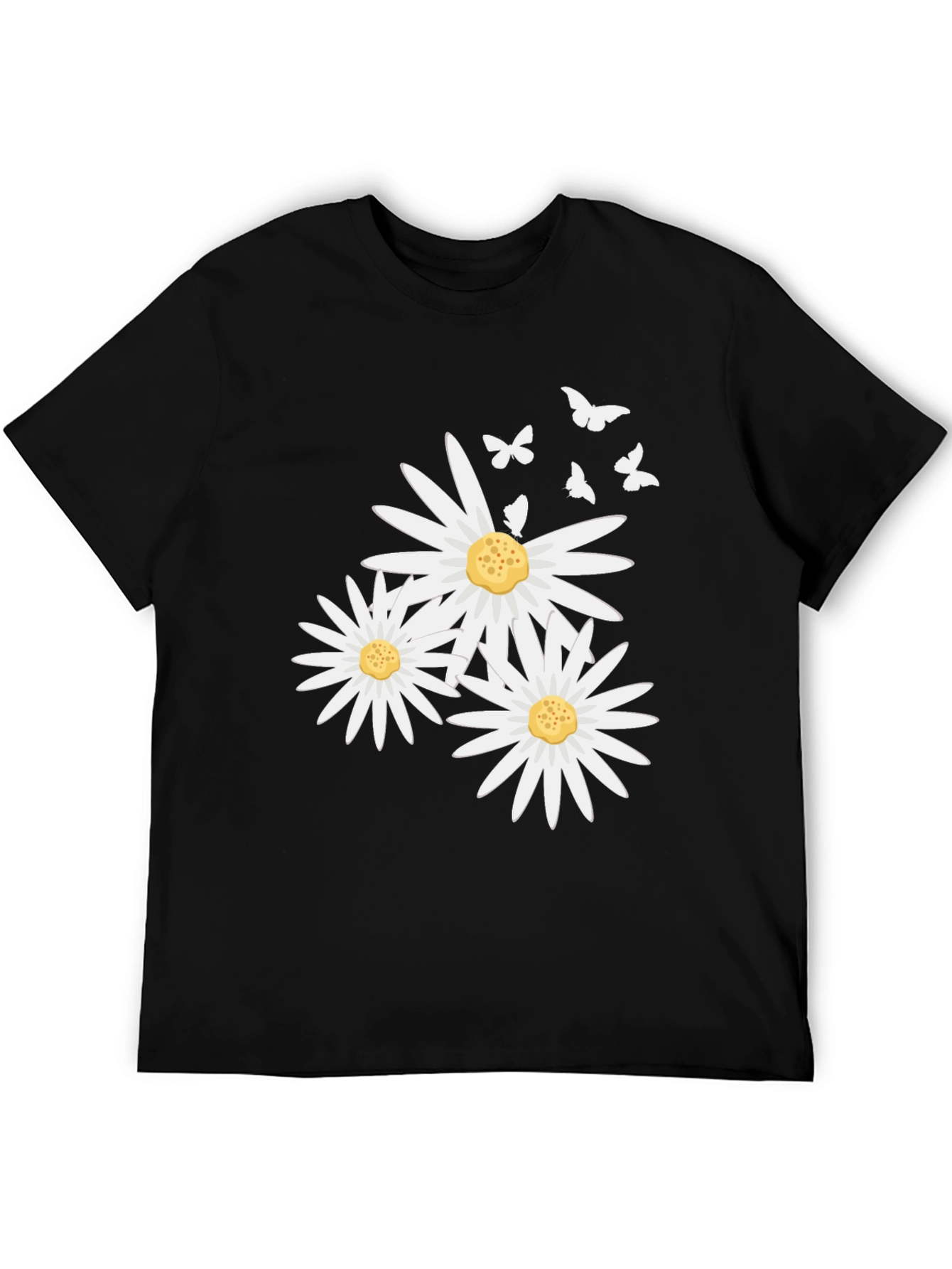 Daisy and Butterfly Print Black T-Shirt