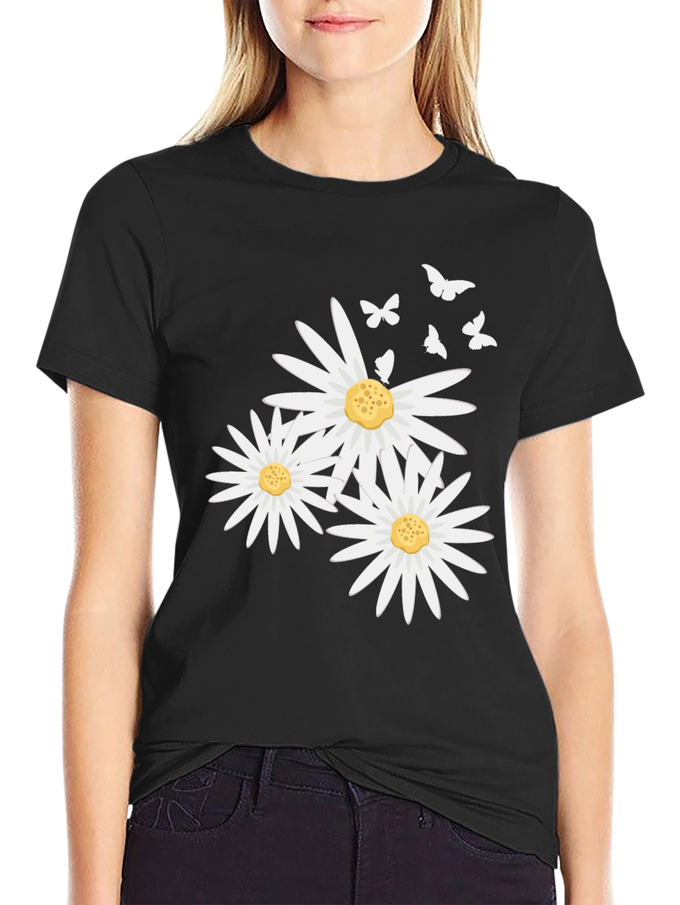 Daisy and Butterfly Print Black T-Shirt
