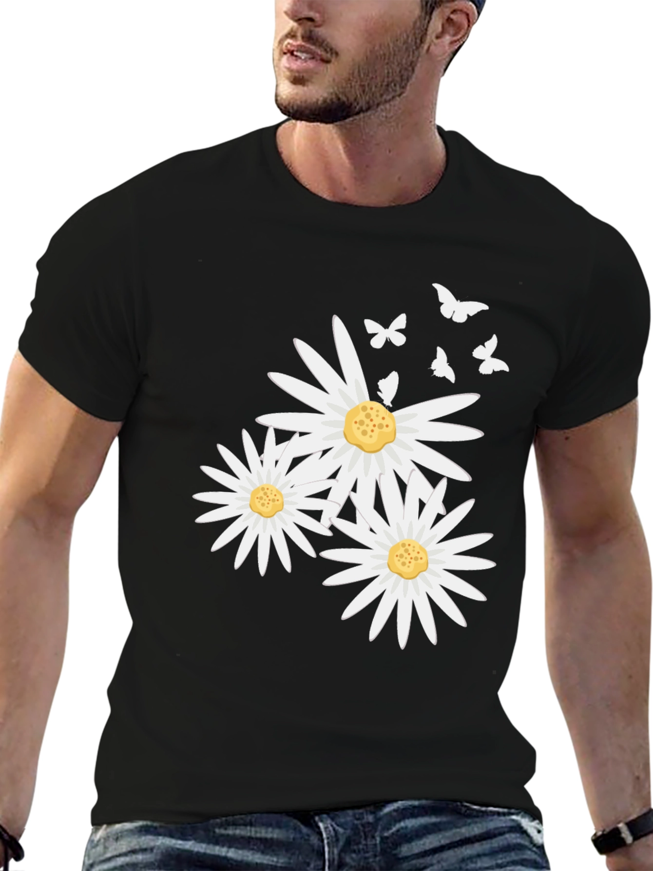 Daisy and Butterfly Print Black T-Shirt
