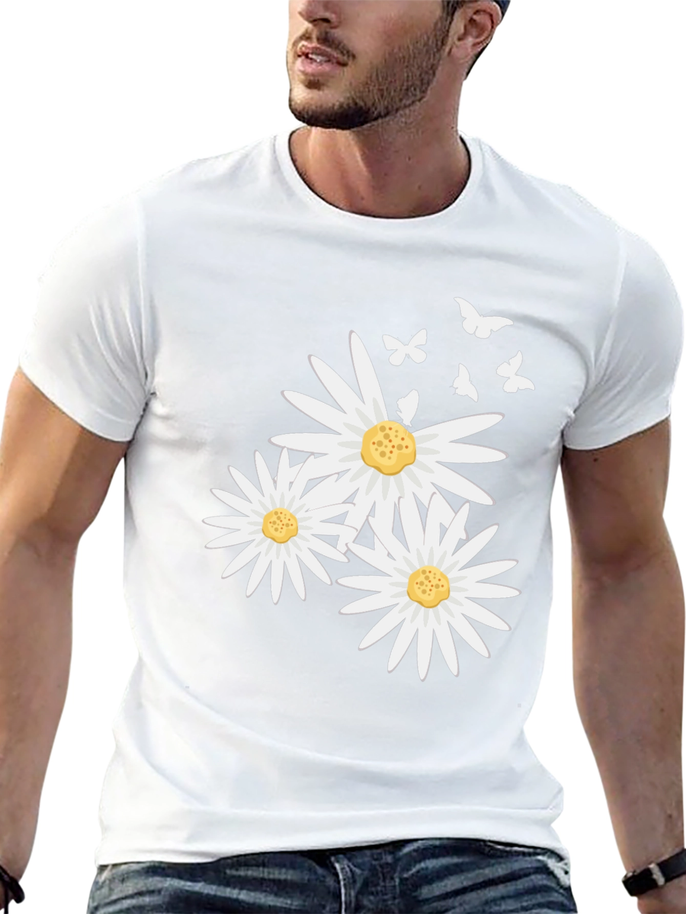 Daisy and Butterfly Print Black T-Shirt