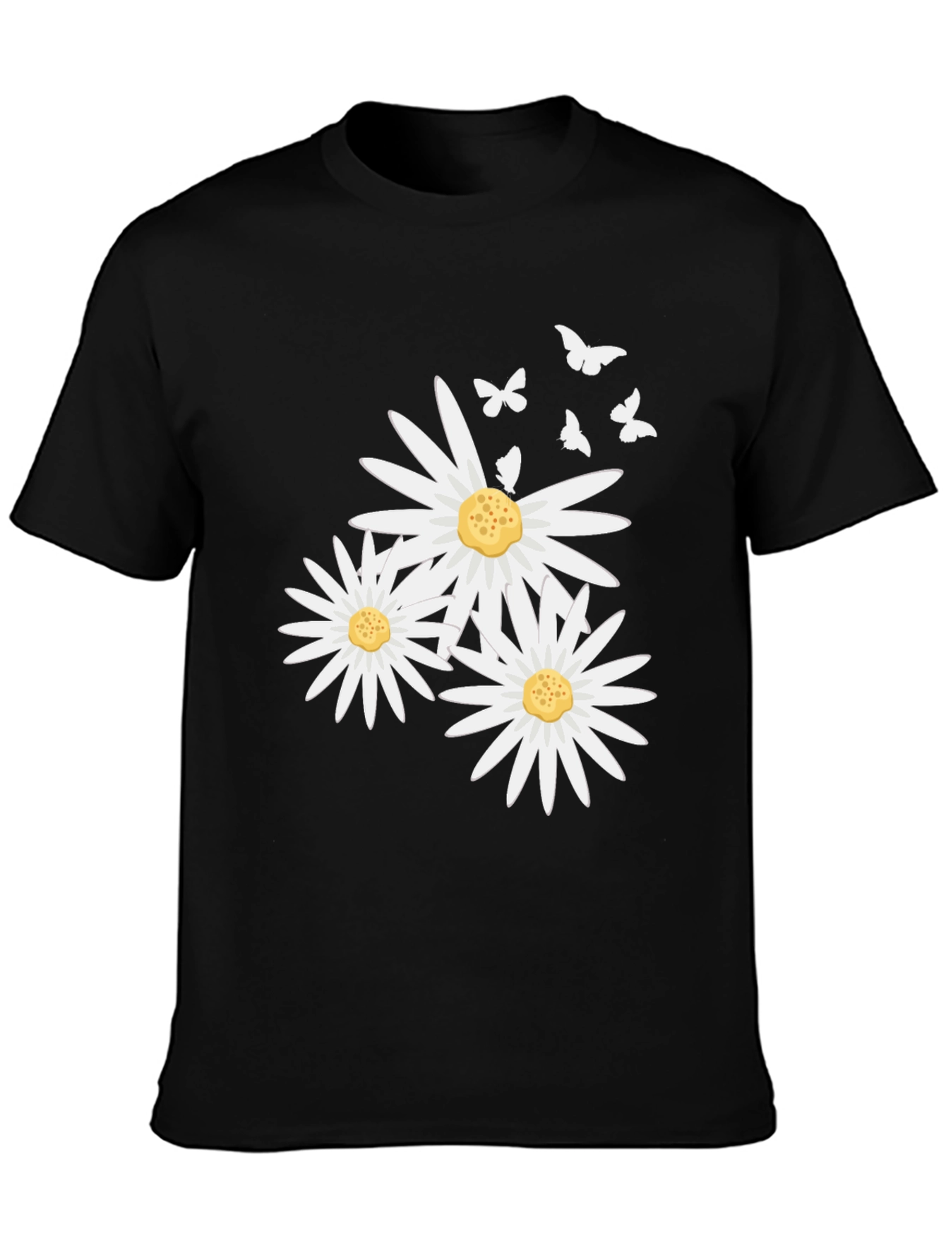 Daisy and Butterfly Print Black T-Shirt