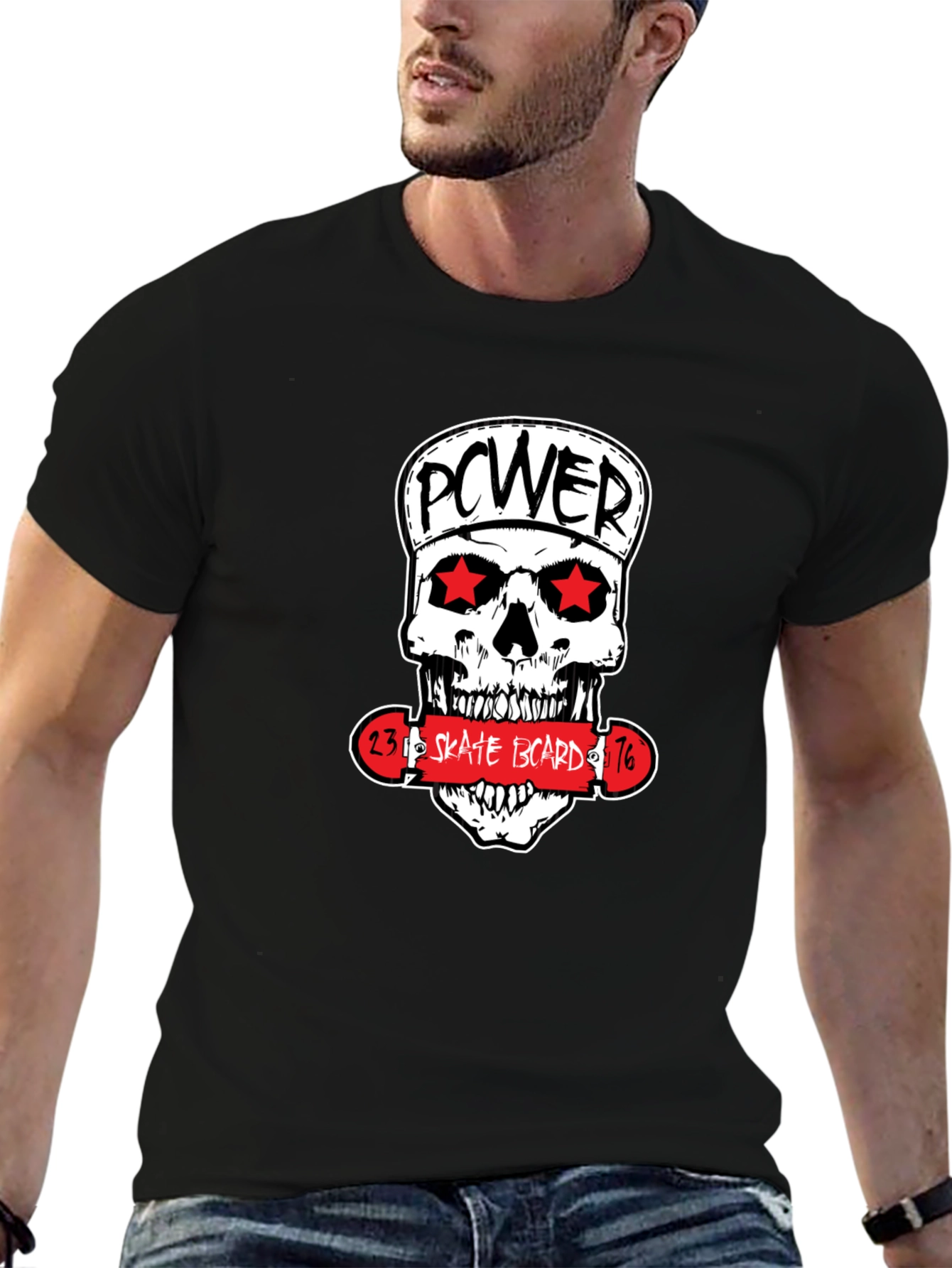 Power Skate Board Skull Graphic T-Shirt