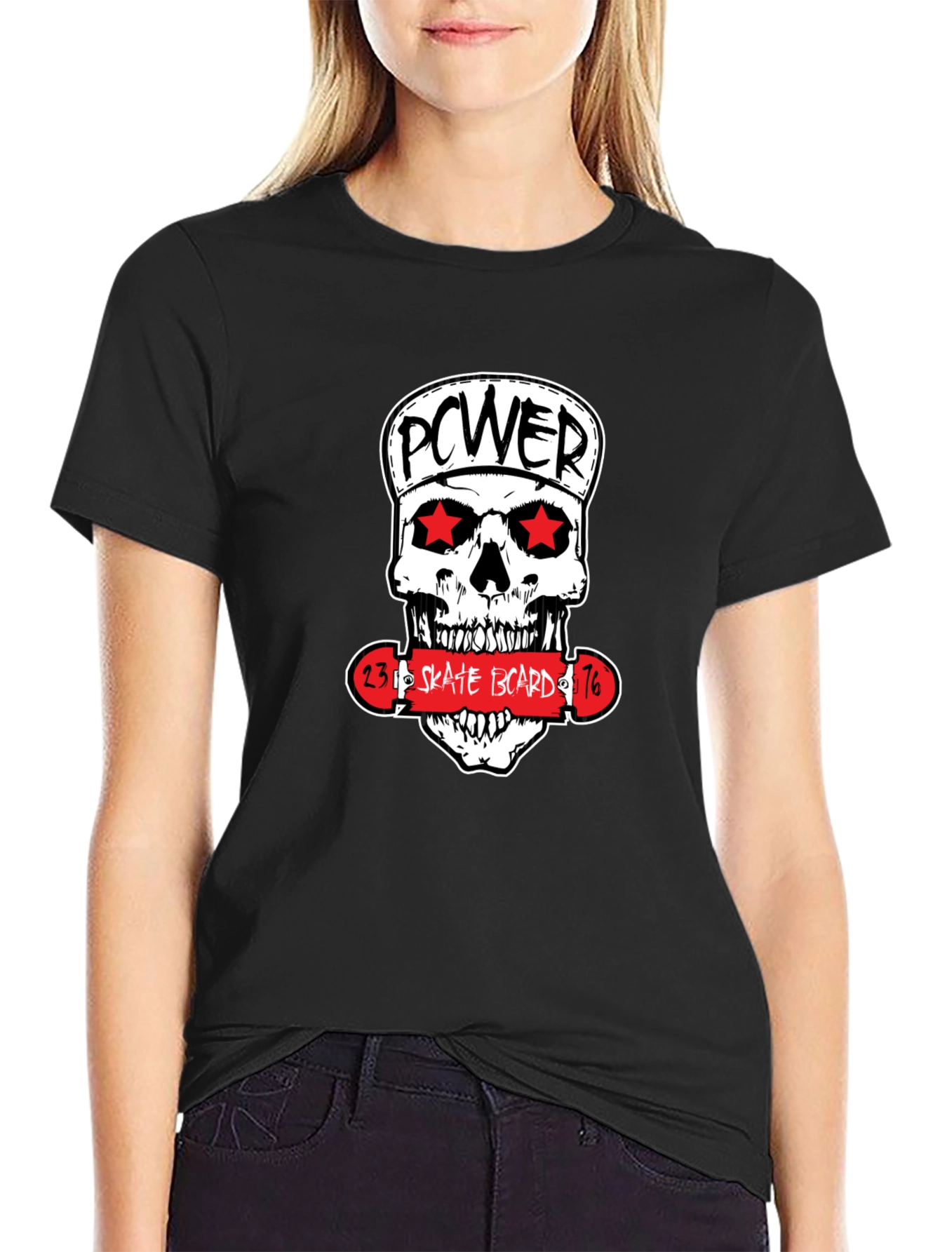 Power Skate Board Skull Graphic T-Shirt