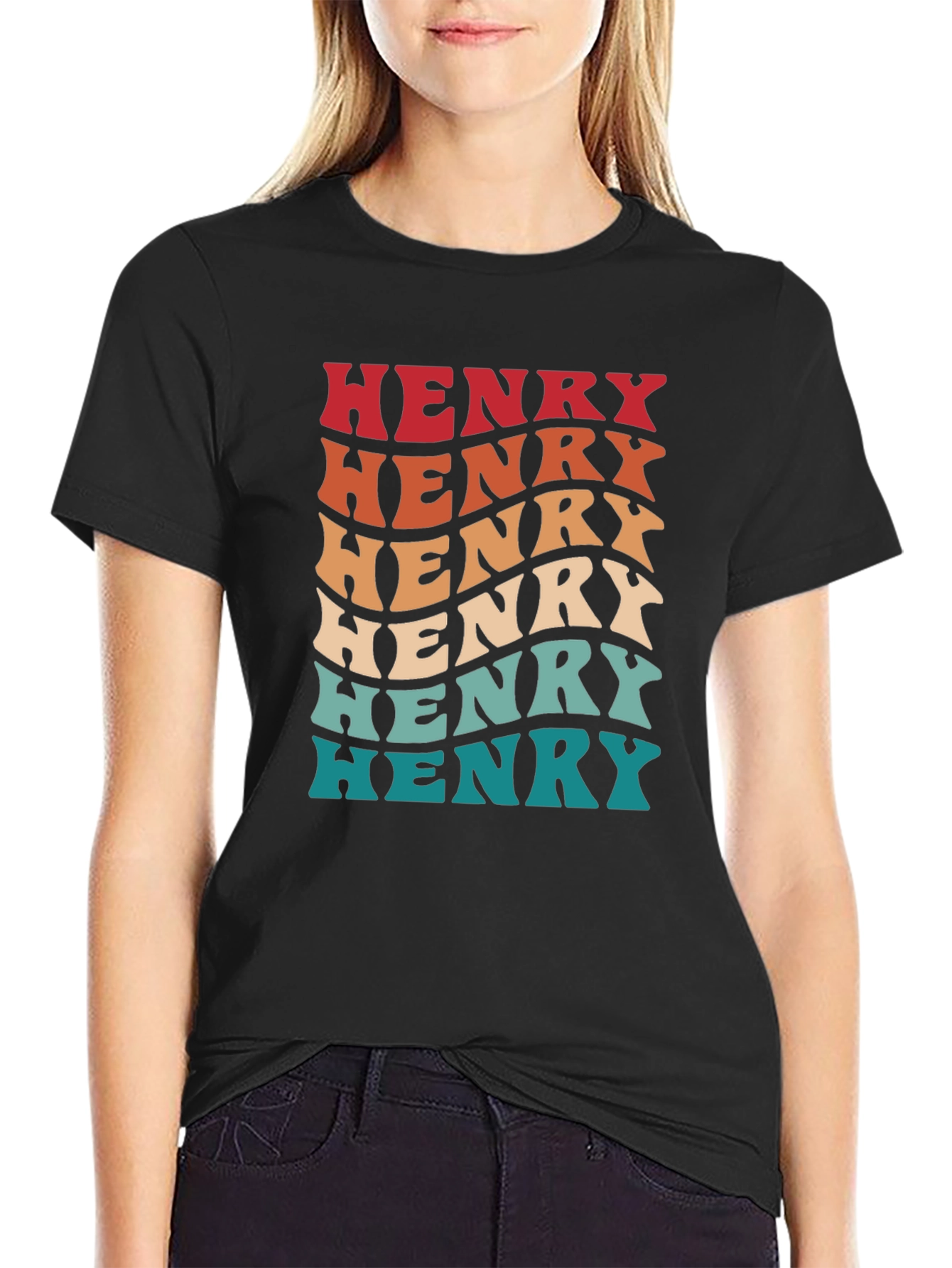 Retro Henry Name Wavy Text Black T-Shirt