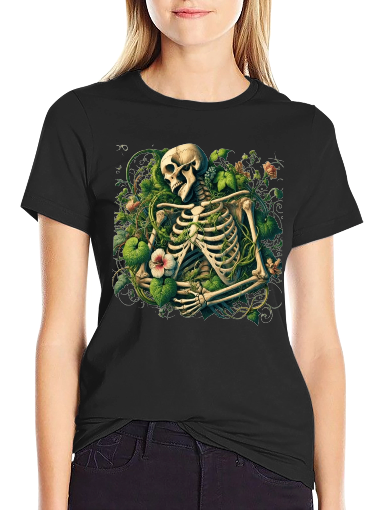 Floral Skeleton Graphic Tee - Black