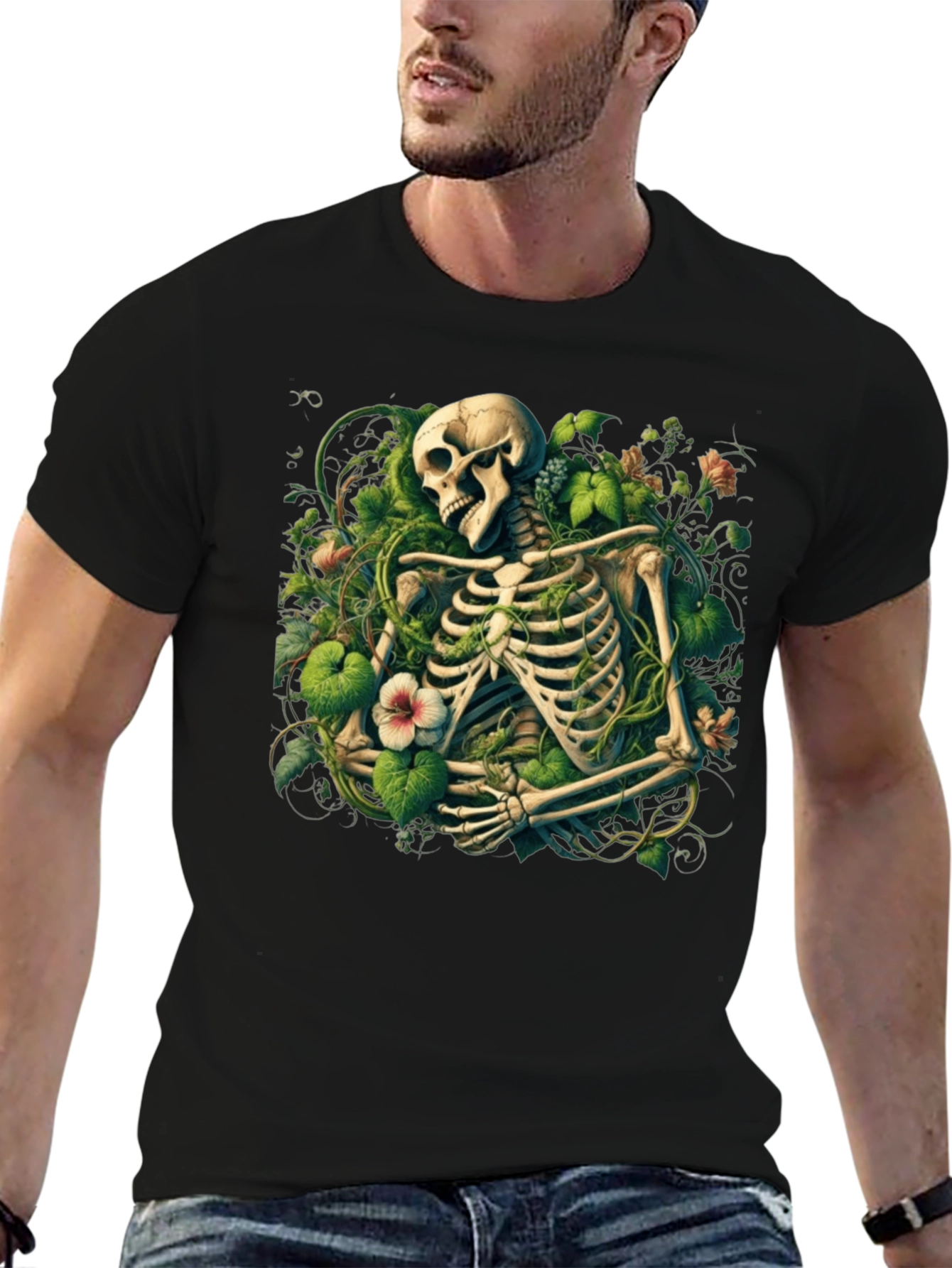 Floral Skeleton Graphic Tee - Black