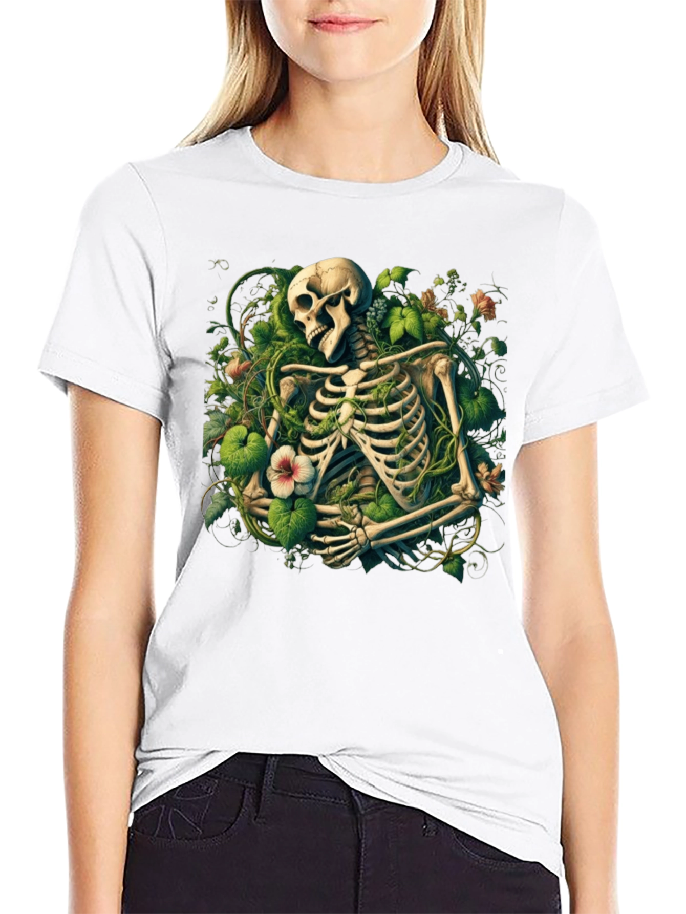 Floral Skeleton Graphic Tee - Black