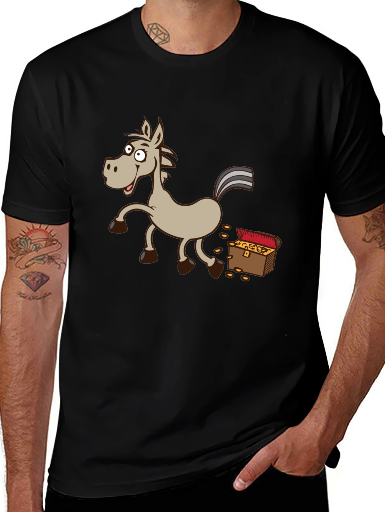Cartoon Horse & Treasure Chest Black T-Shirt