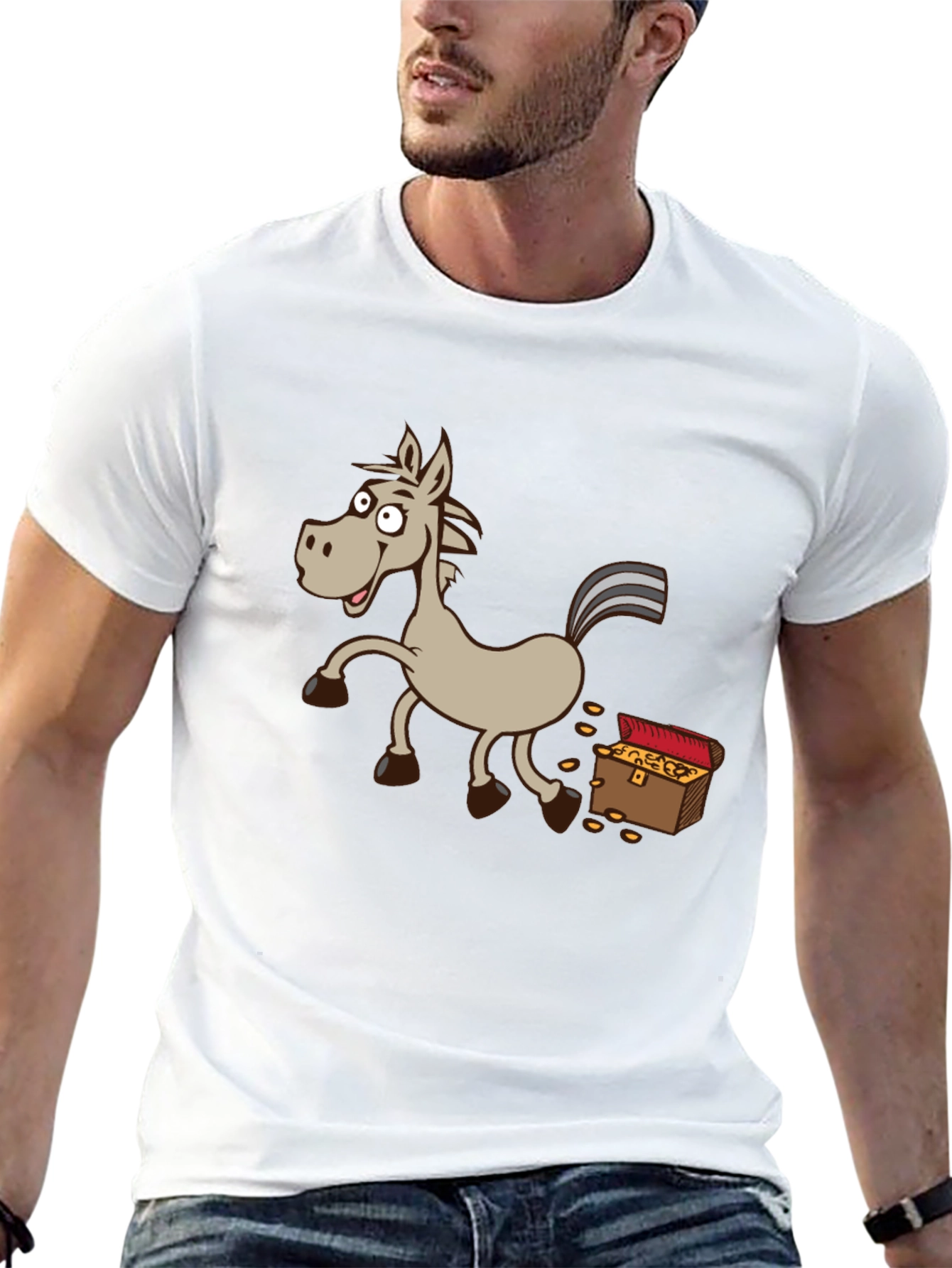 Cartoon Horse & Treasure Chest Black T-Shirt