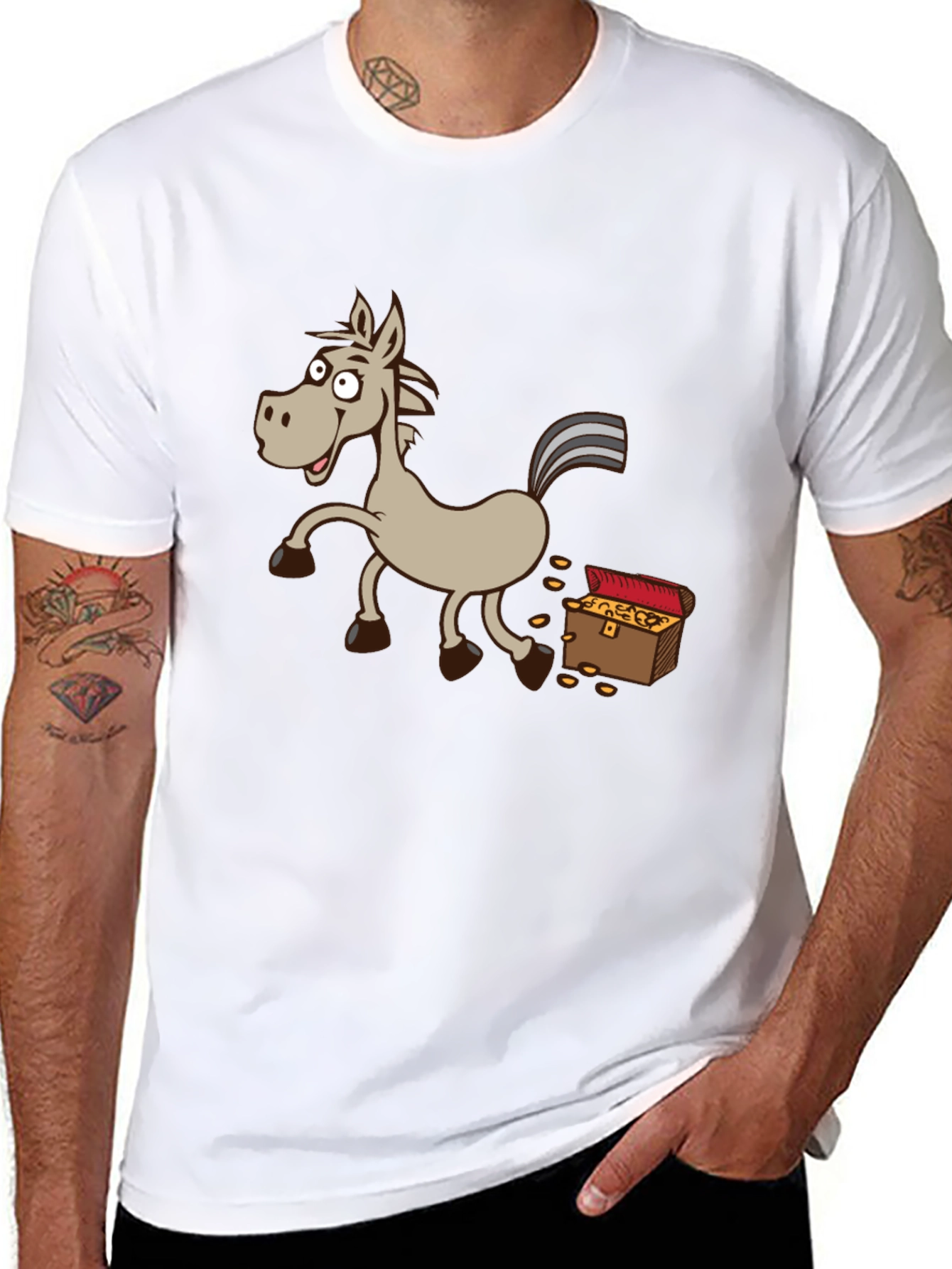 Cartoon Horse & Treasure Chest Black T-Shirt
