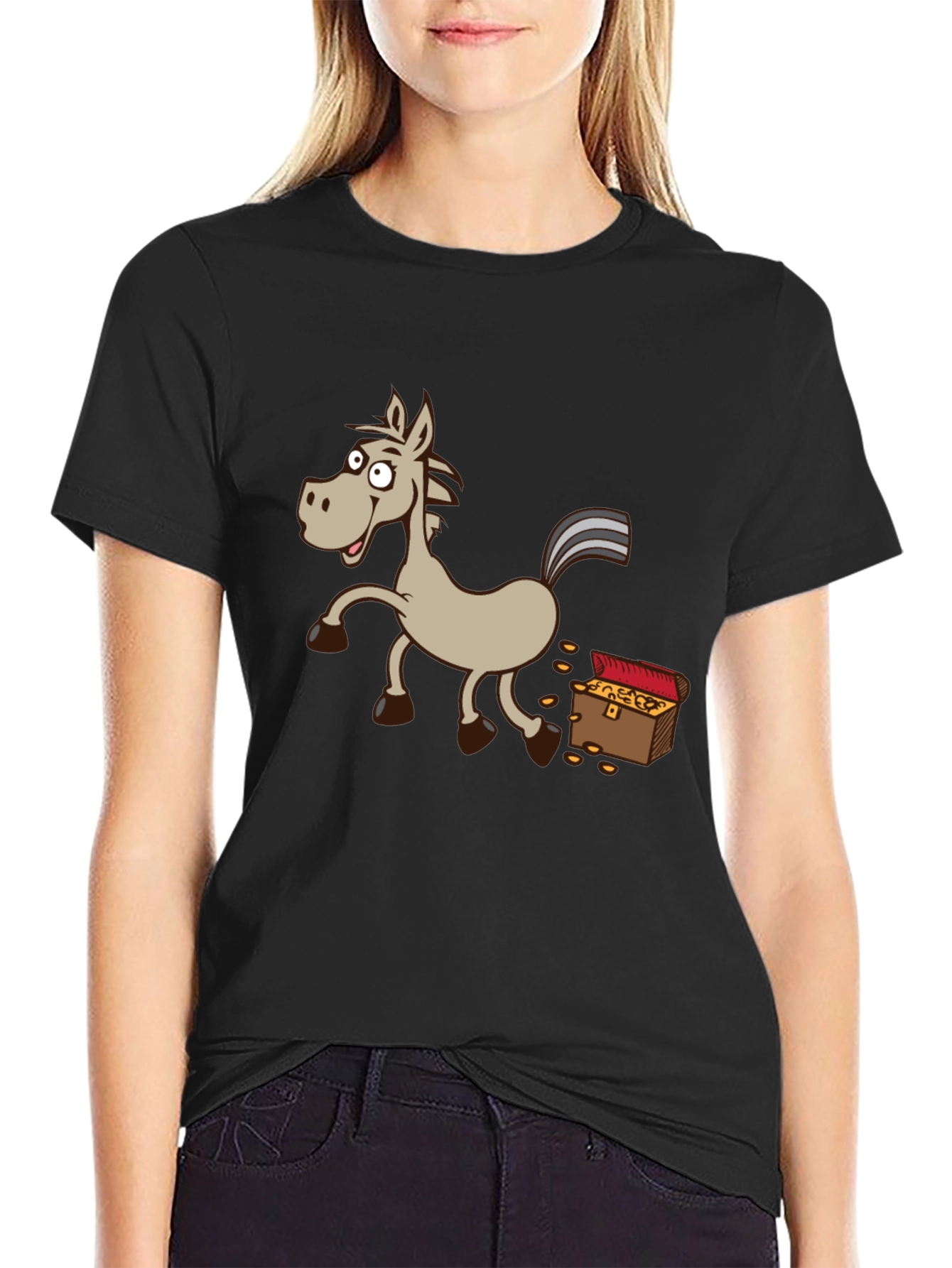 Cartoon Horse & Treasure Chest Black T-Shirt