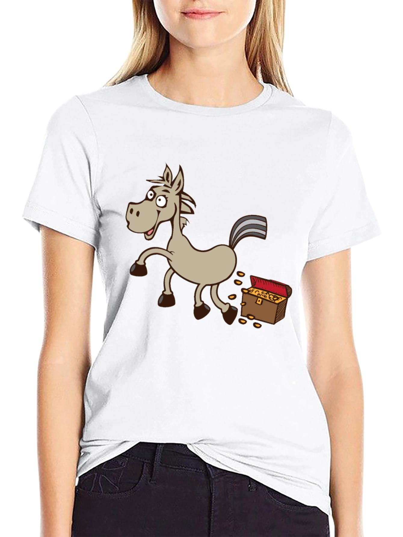 Cartoon Horse & Treasure Chest Black T-Shirt