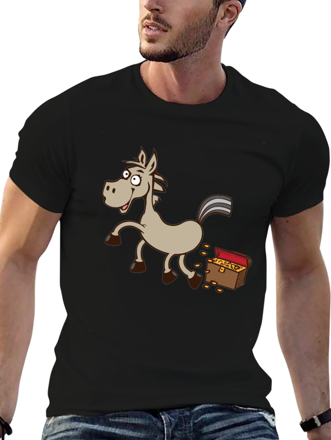 Cartoon Horse & Treasure Chest Black T-Shirt