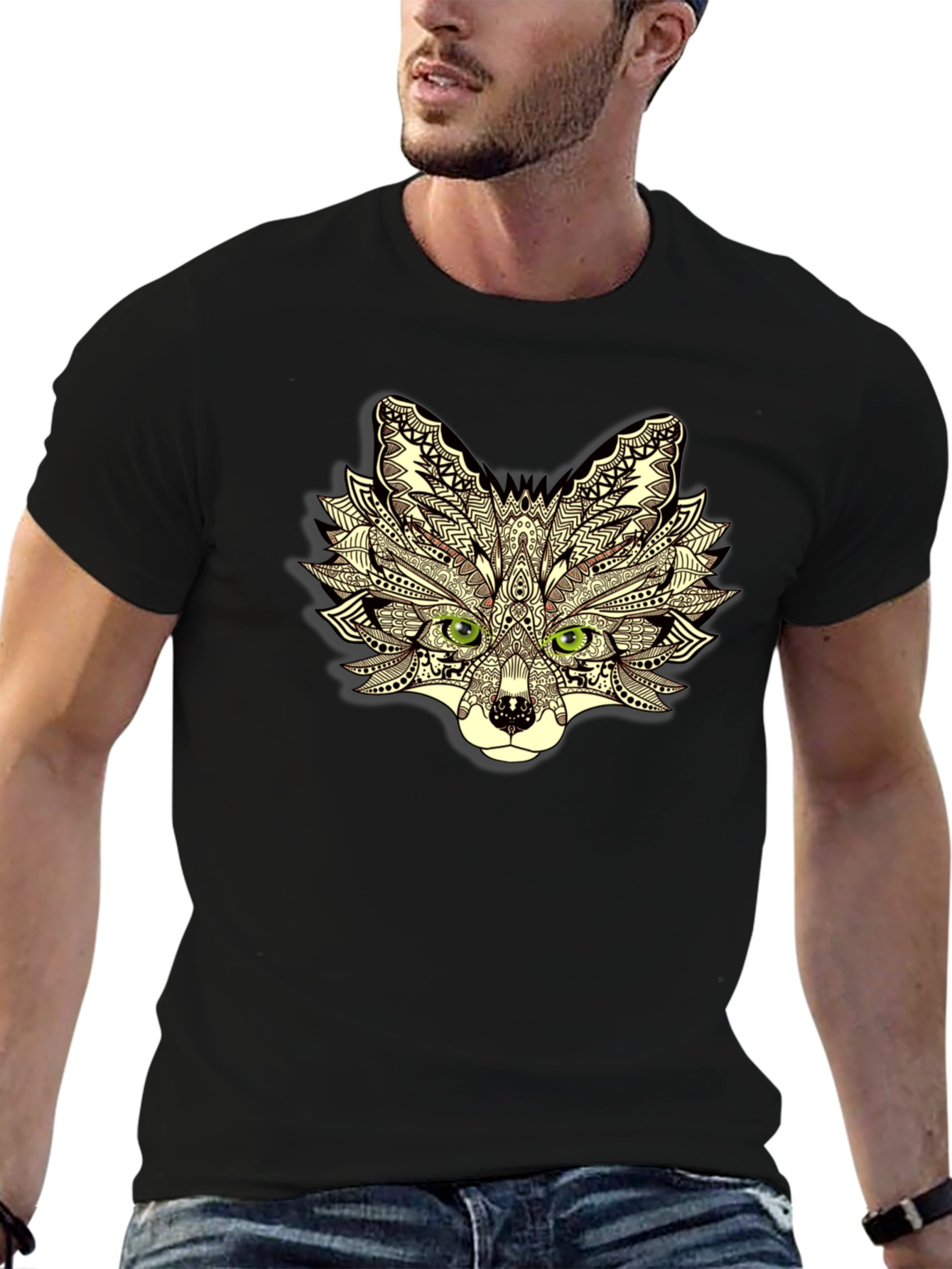 Abstract Fox Head Graphic Black T-Shirt
