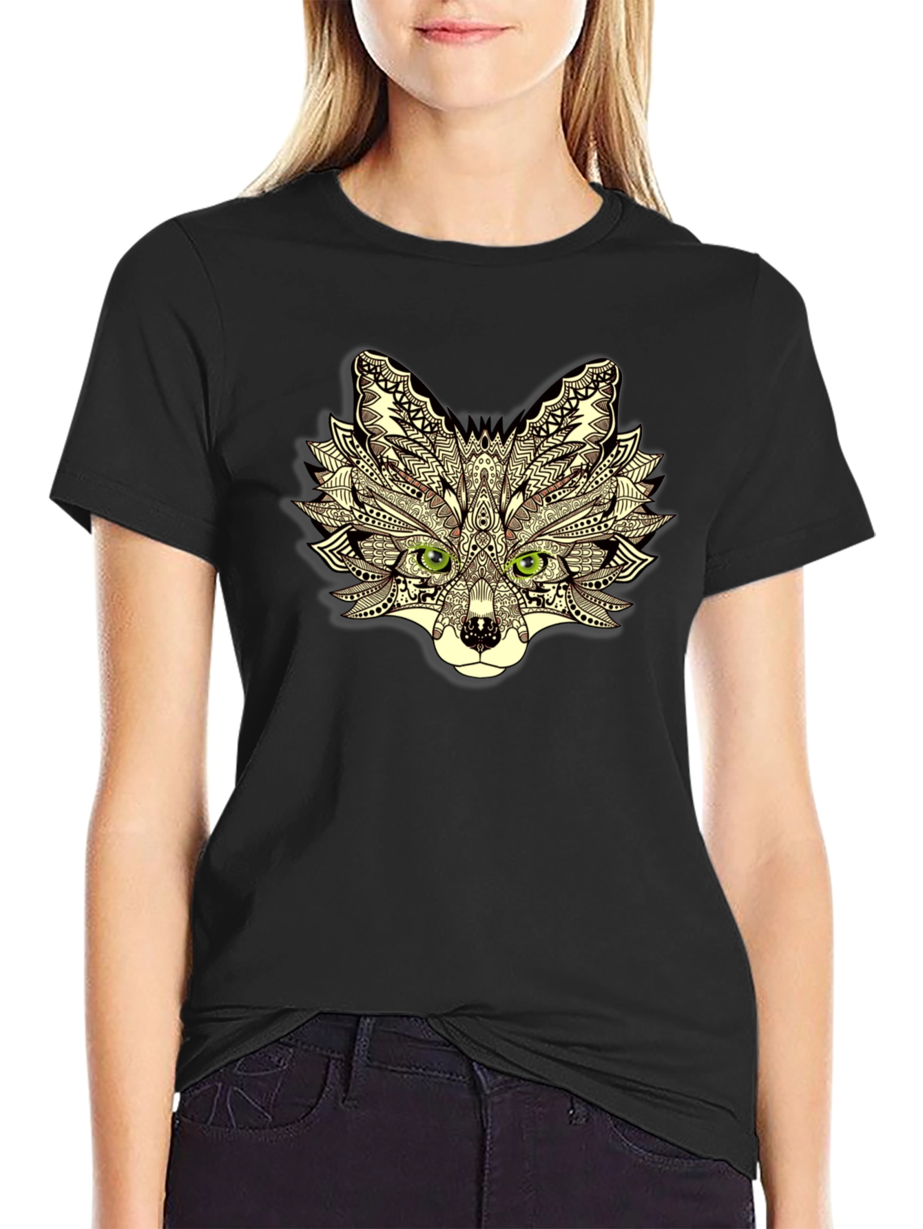 Abstract Fox Head Graphic Black T-Shirt