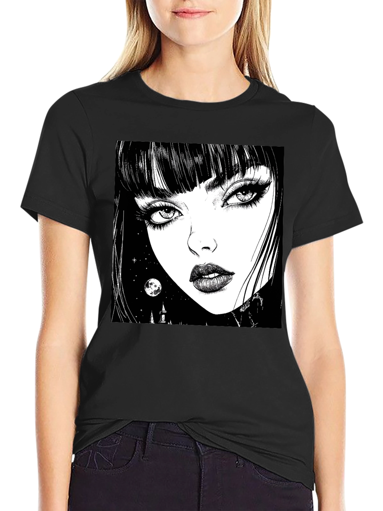 Gothic Girl Graphic Print T-Shirt - Black