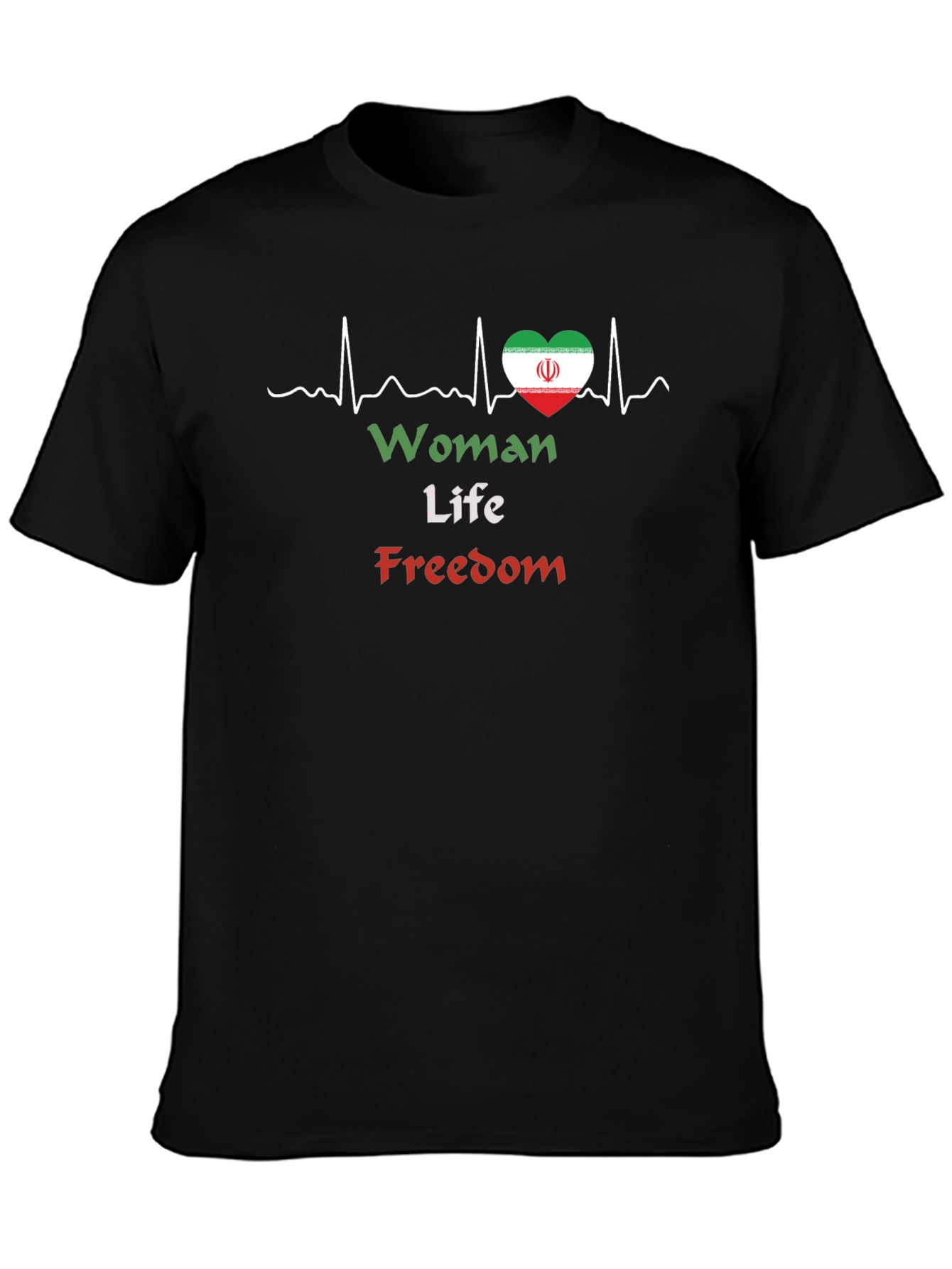 Woman Life Freedom T-Shirt Iran Flag Heartbeat Black