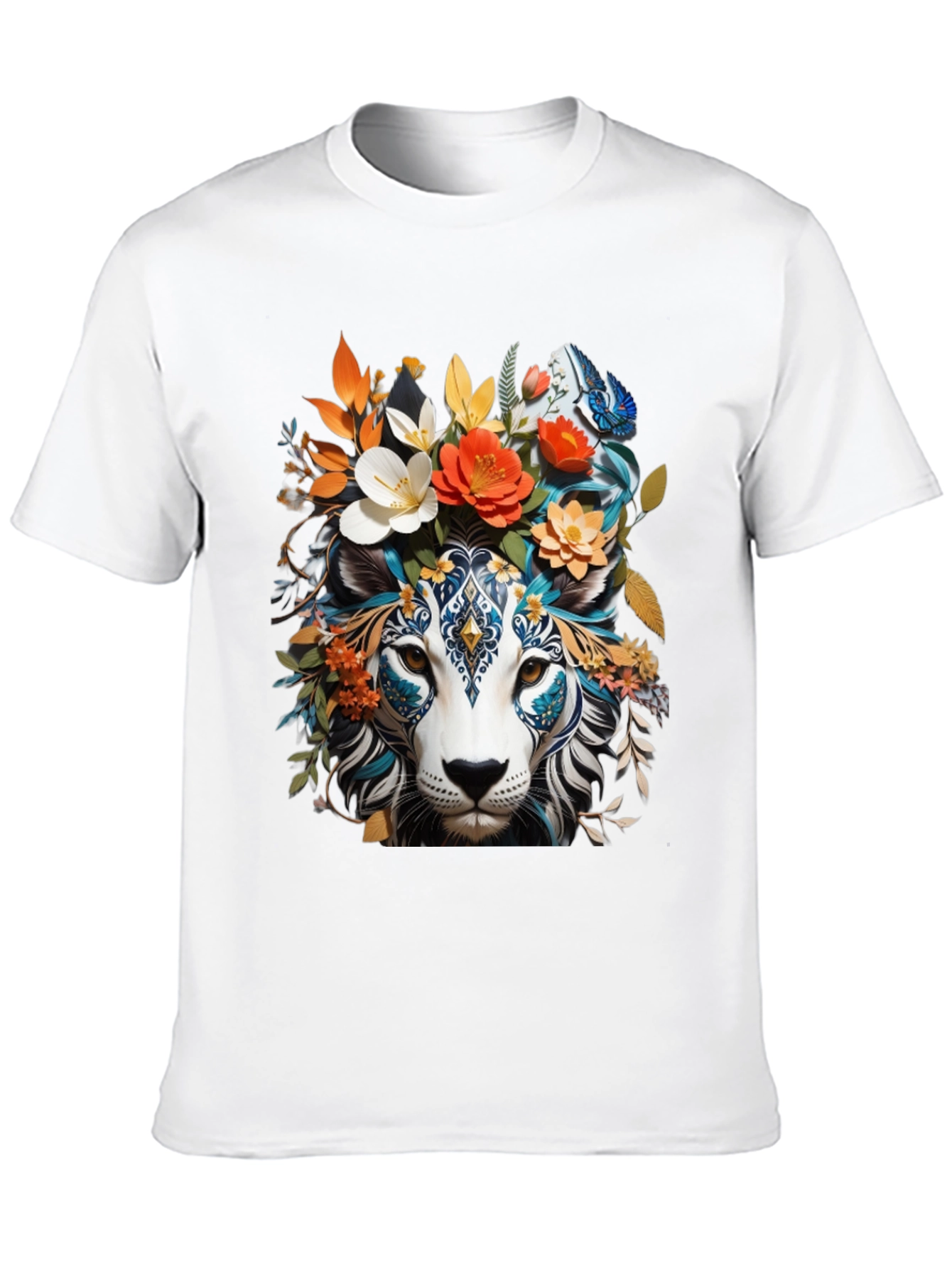 Floral Lion Graphic Tee - Unique Artistic Design