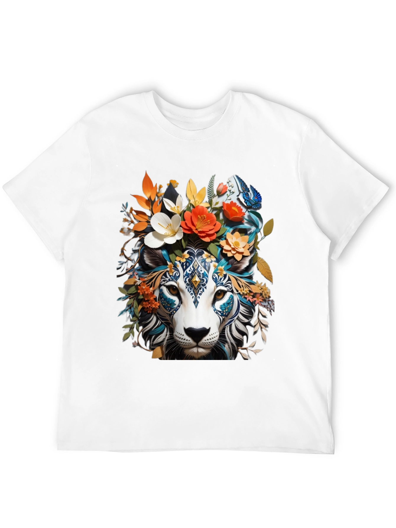 Floral Lion Graphic Tee - Unique Artistic Design