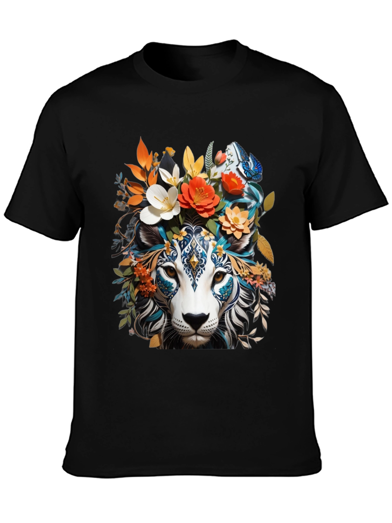 Floral Lion Graphic Tee - Unique Artistic Design