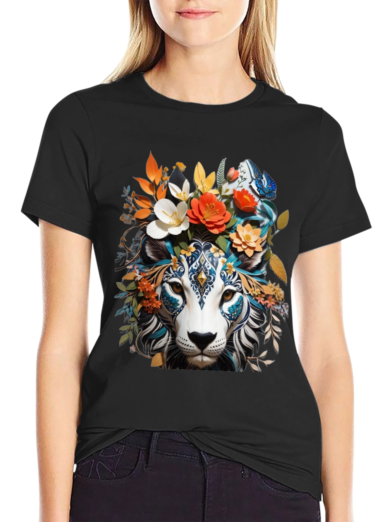Floral Lion Graphic Tee - Unique Artistic Design