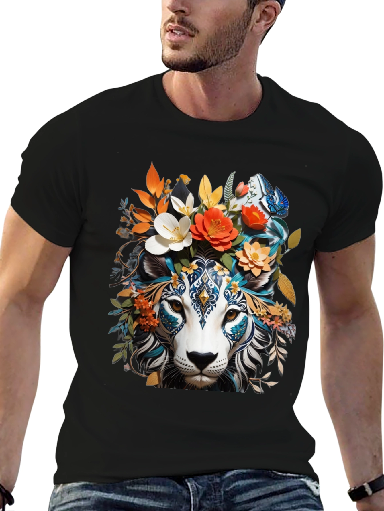 Floral Lion Graphic Tee - Unique Artistic Design