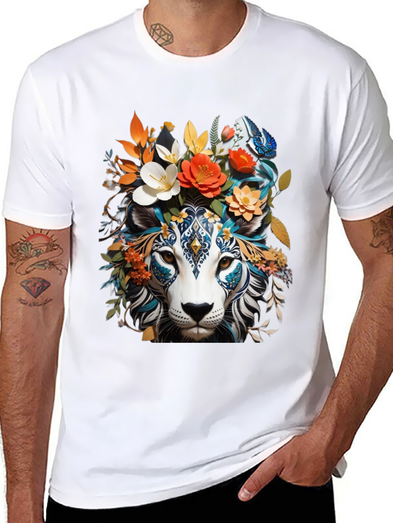 Floral Lion Graphic Tee - Unique Artistic Design