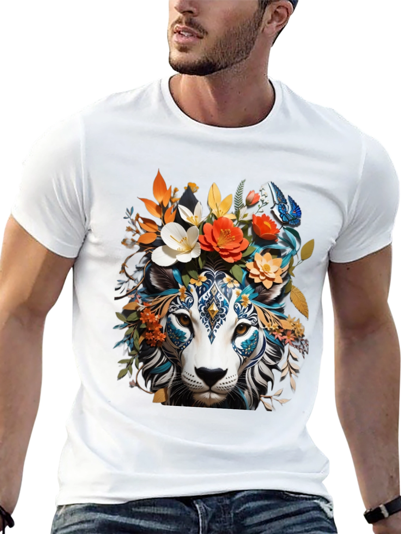 Floral Lion Graphic Tee - Unique Artistic Design
