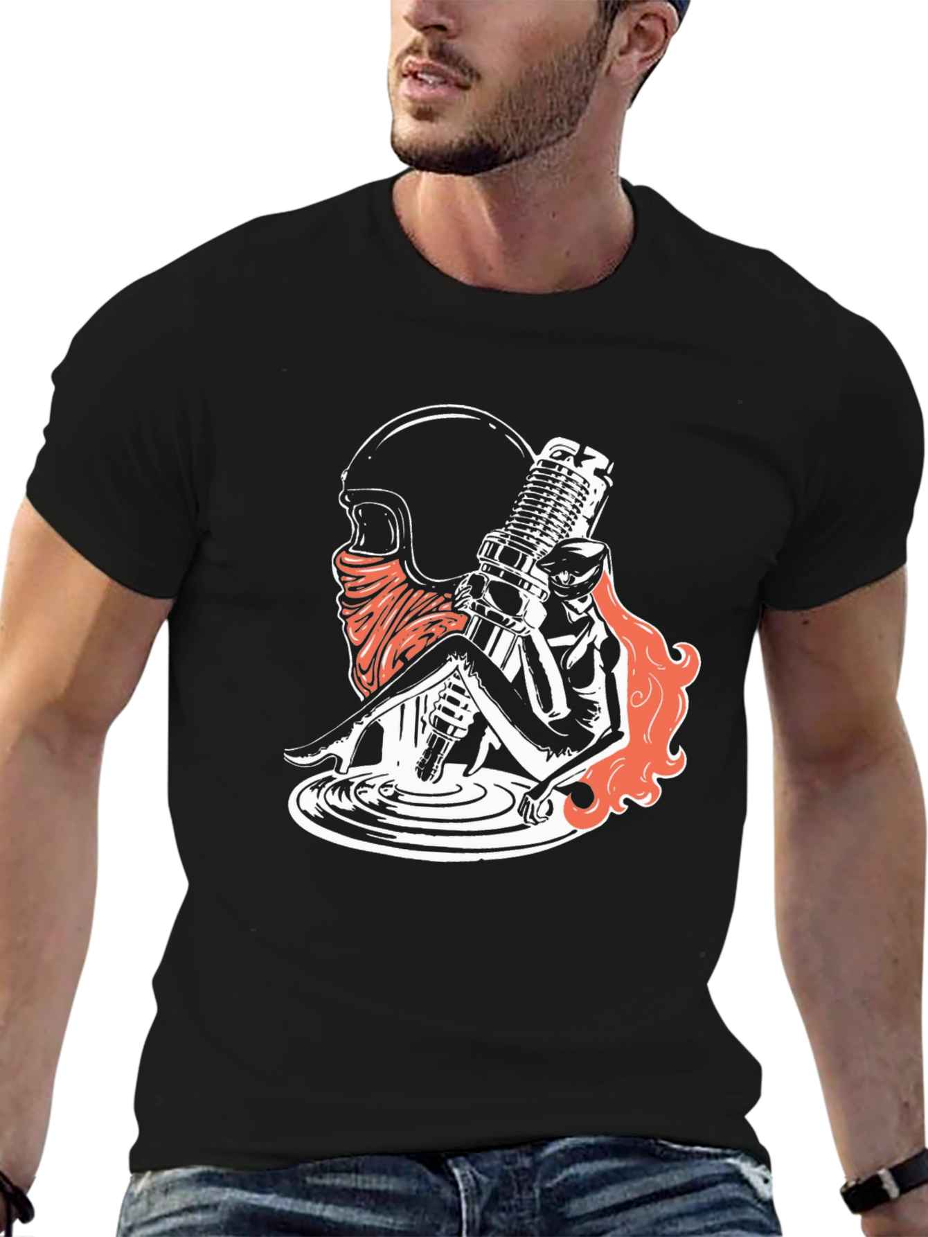 Motorcycle Spark Plug Girl Graphic Tee - Black