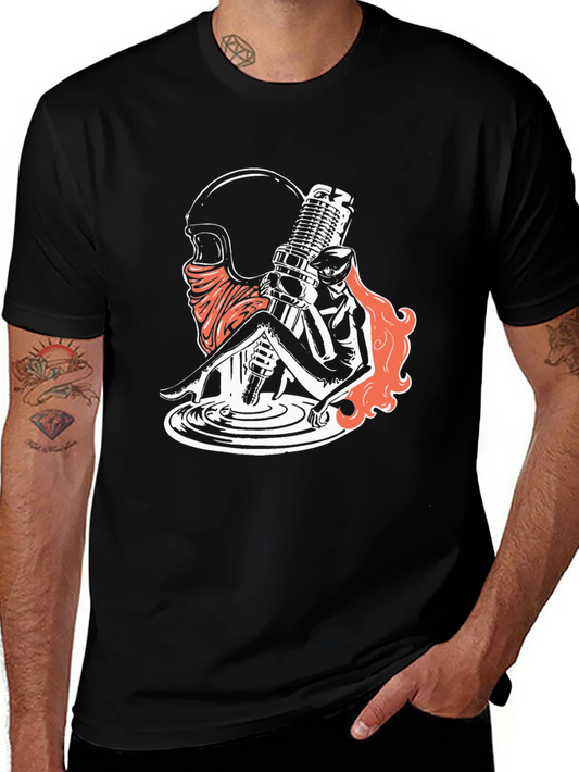 Motorcycle Spark Plug Girl Graphic Tee - Black