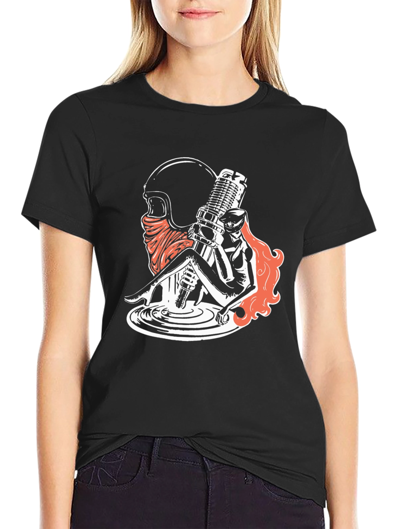 Motorcycle Spark Plug Girl Graphic Tee - Black