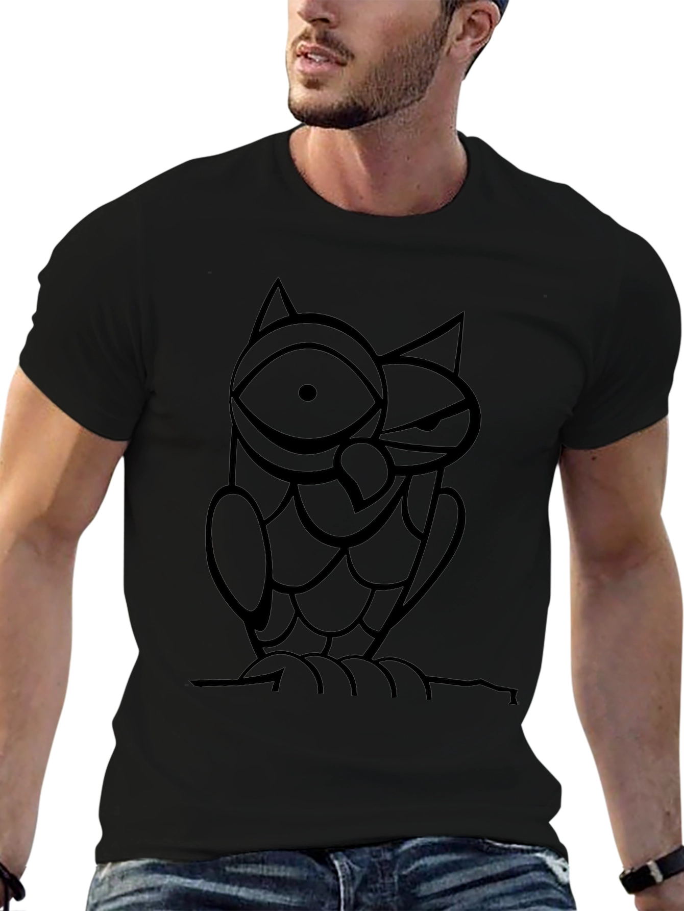 Abstract Owl Graphic Print Black T-Shirt