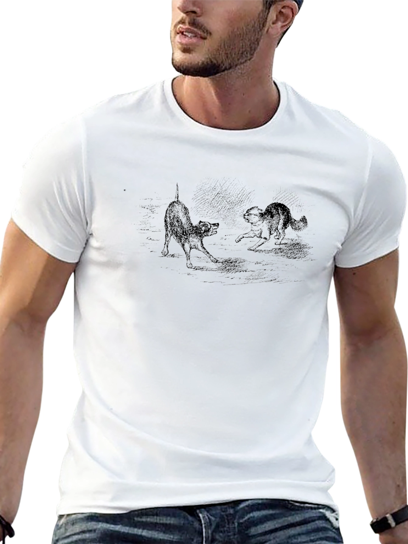 Black T-Shirt with Cat Illustration