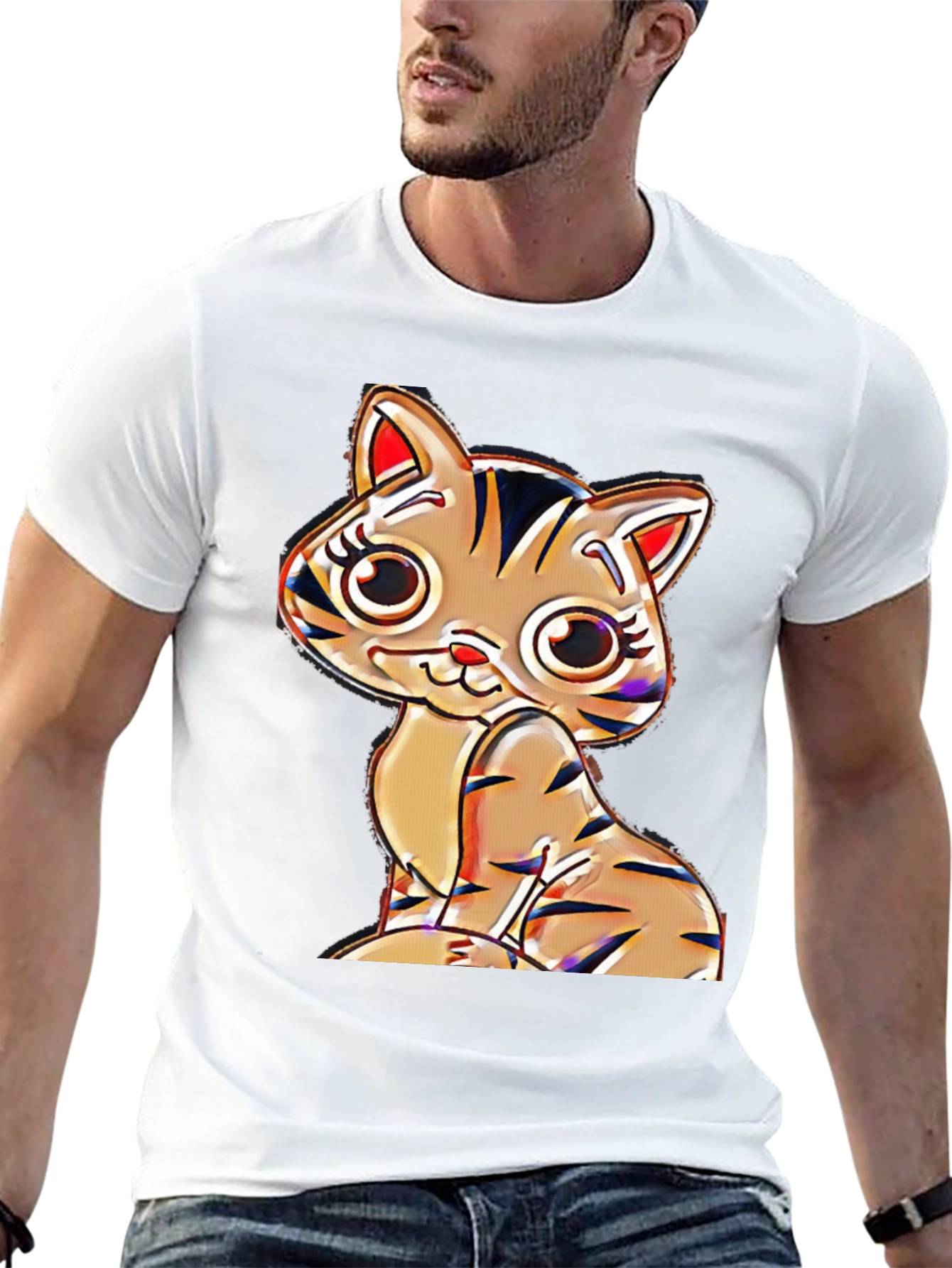 Cute Cartoon Cat T-Shirt - Black Cotton Blend