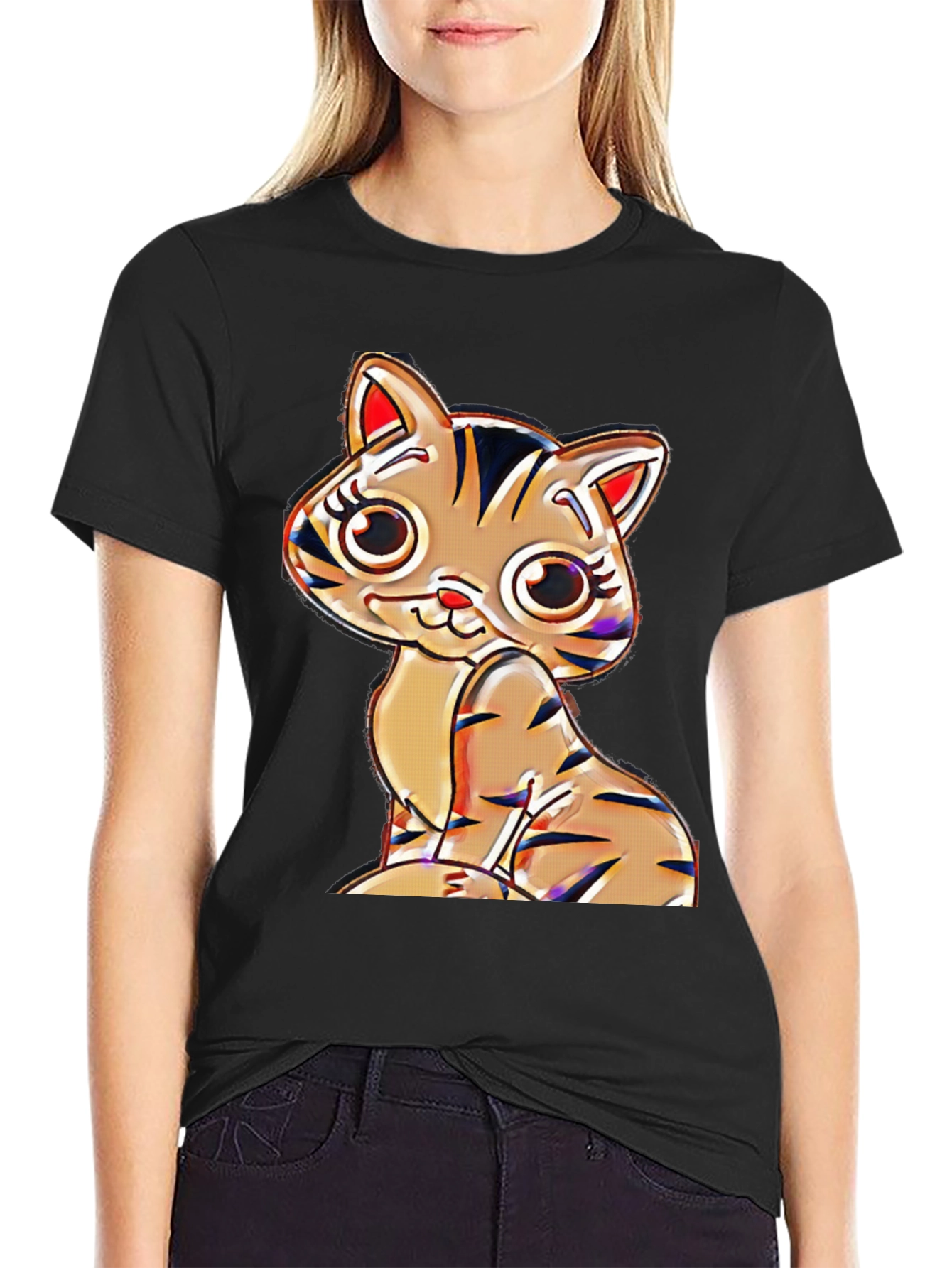 Cute Cartoon Cat T-Shirt - Black Cotton Blend