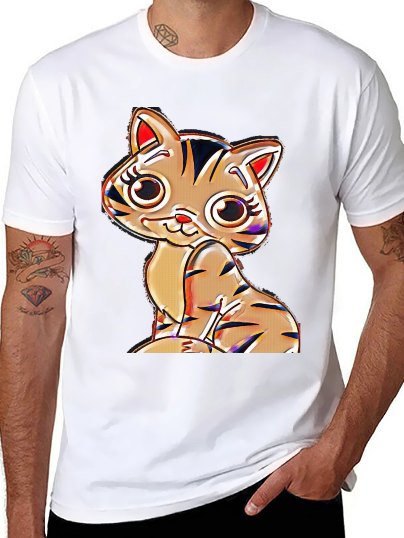 Cute Cartoon Cat T-Shirt - Black Cotton Blend
