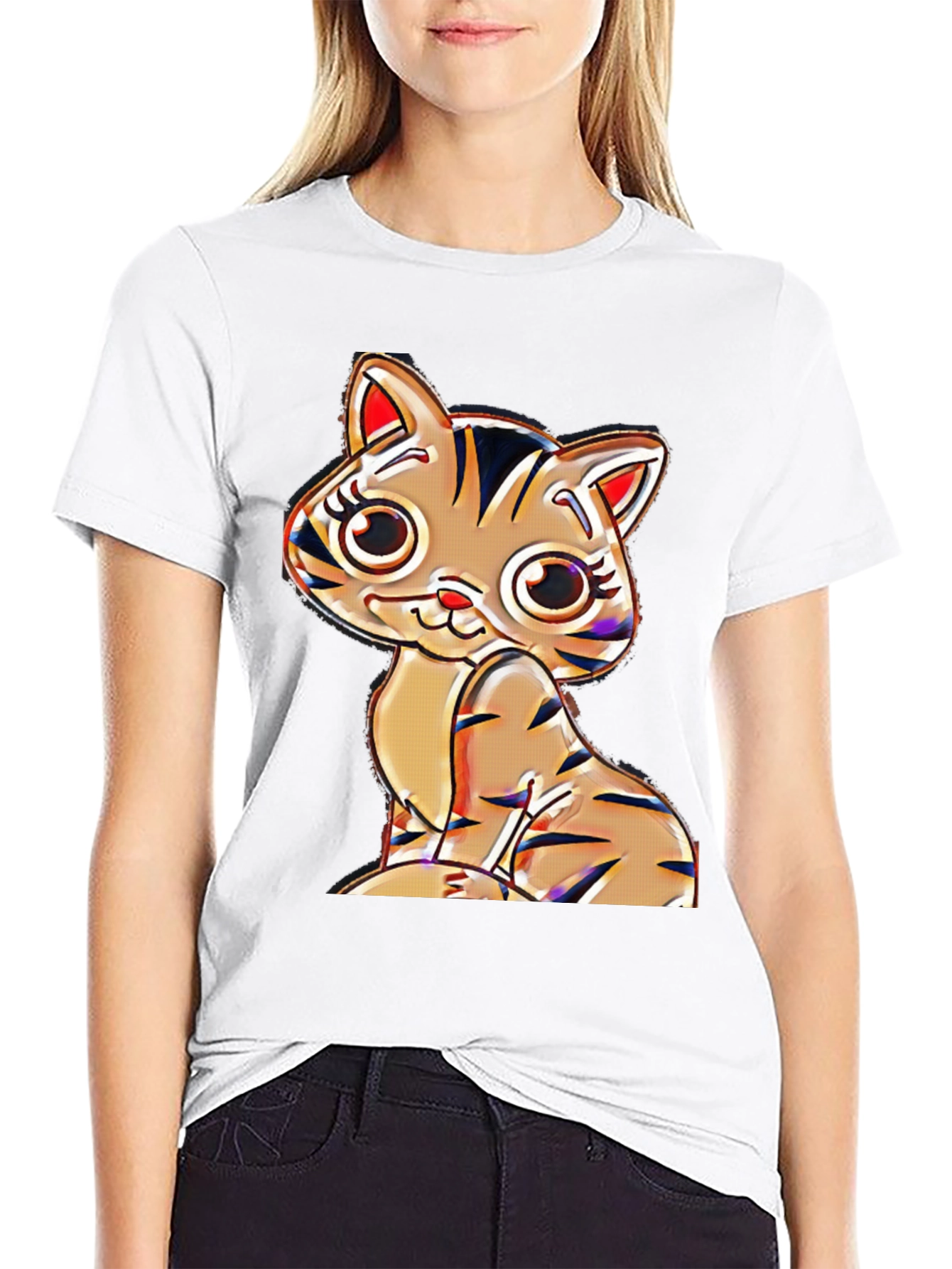 Cute Cartoon Cat T-Shirt - Black Cotton Blend