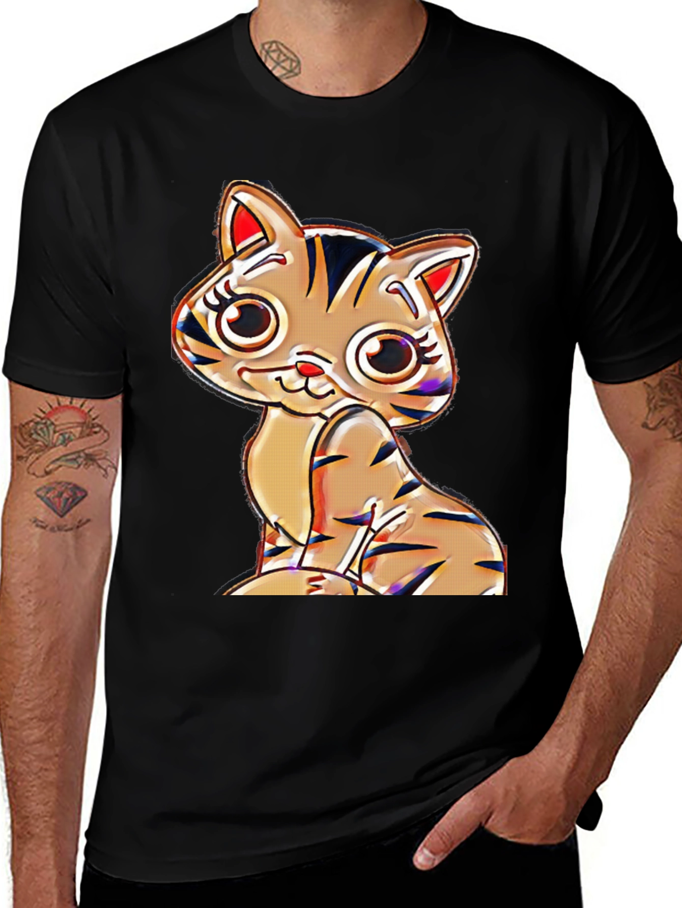 Cute Cartoon Cat T-Shirt - Black Cotton Blend