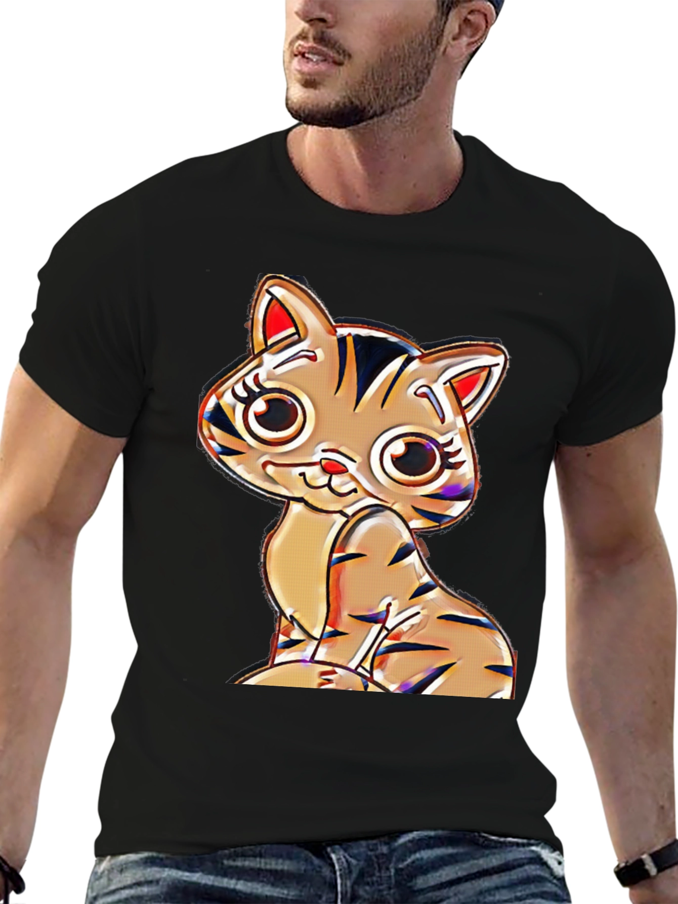Cute Cartoon Cat T-Shirt - Black Cotton Blend