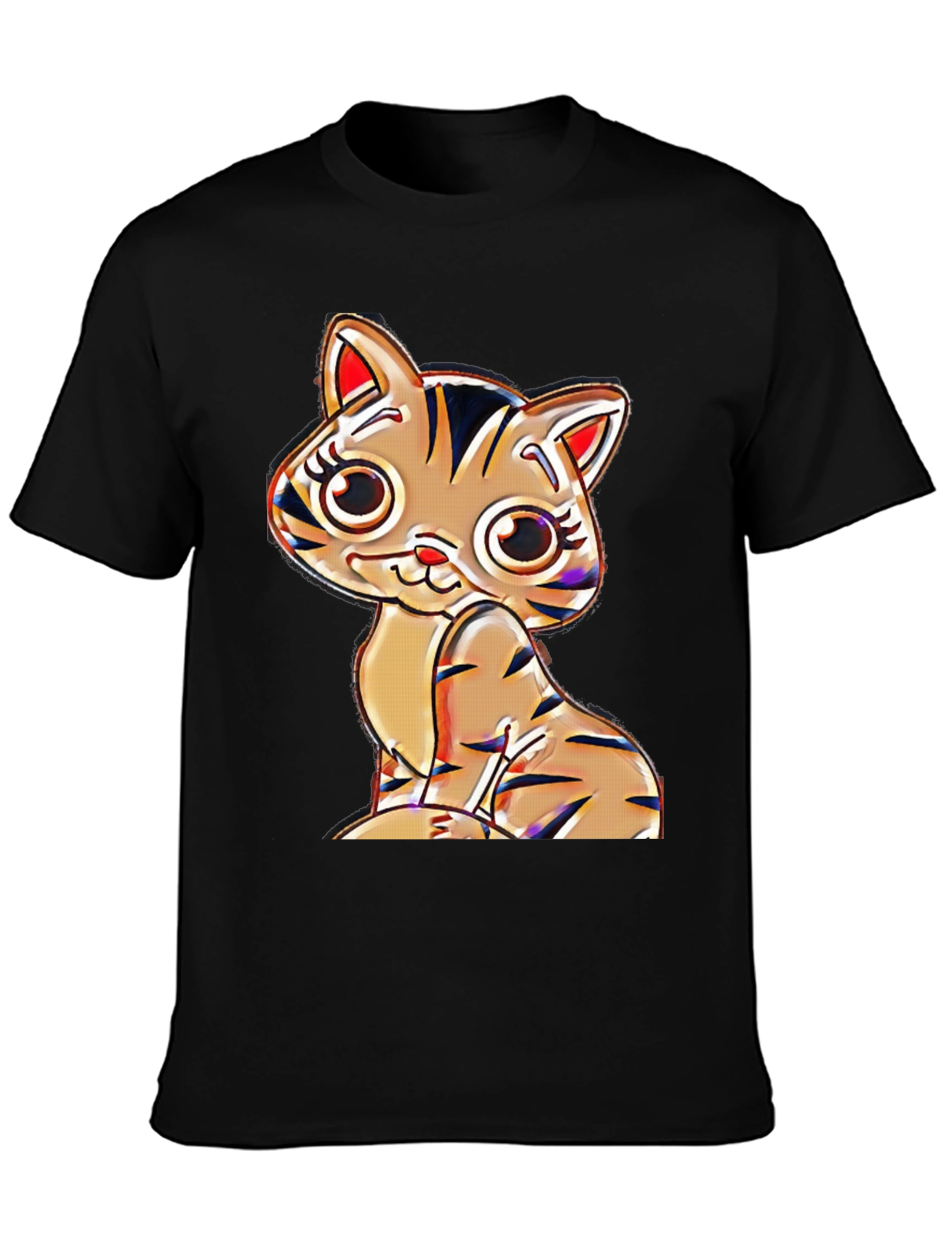 Cute Cartoon Cat T-Shirt - Black Cotton Blend