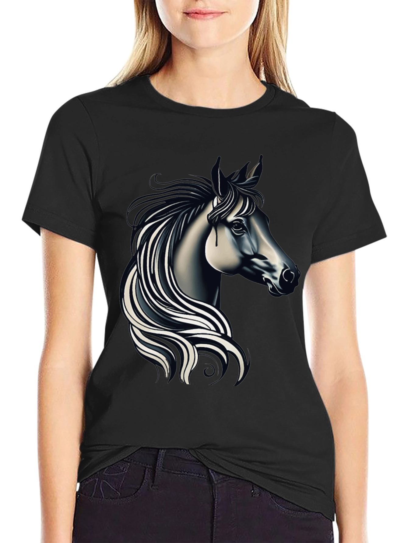 Black T-shirt with Elegant Horse Design
