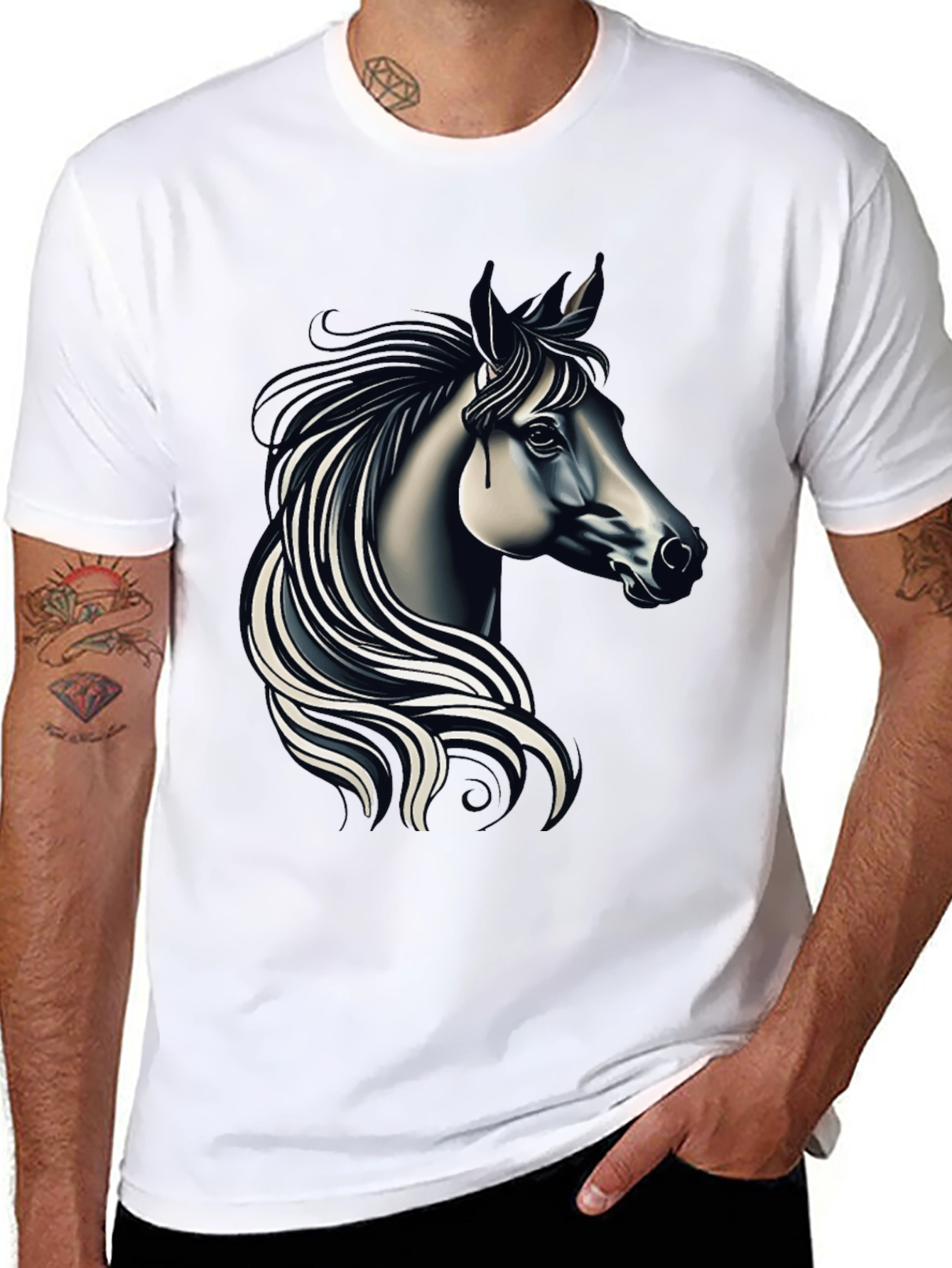 Black T-shirt with Elegant Horse Design