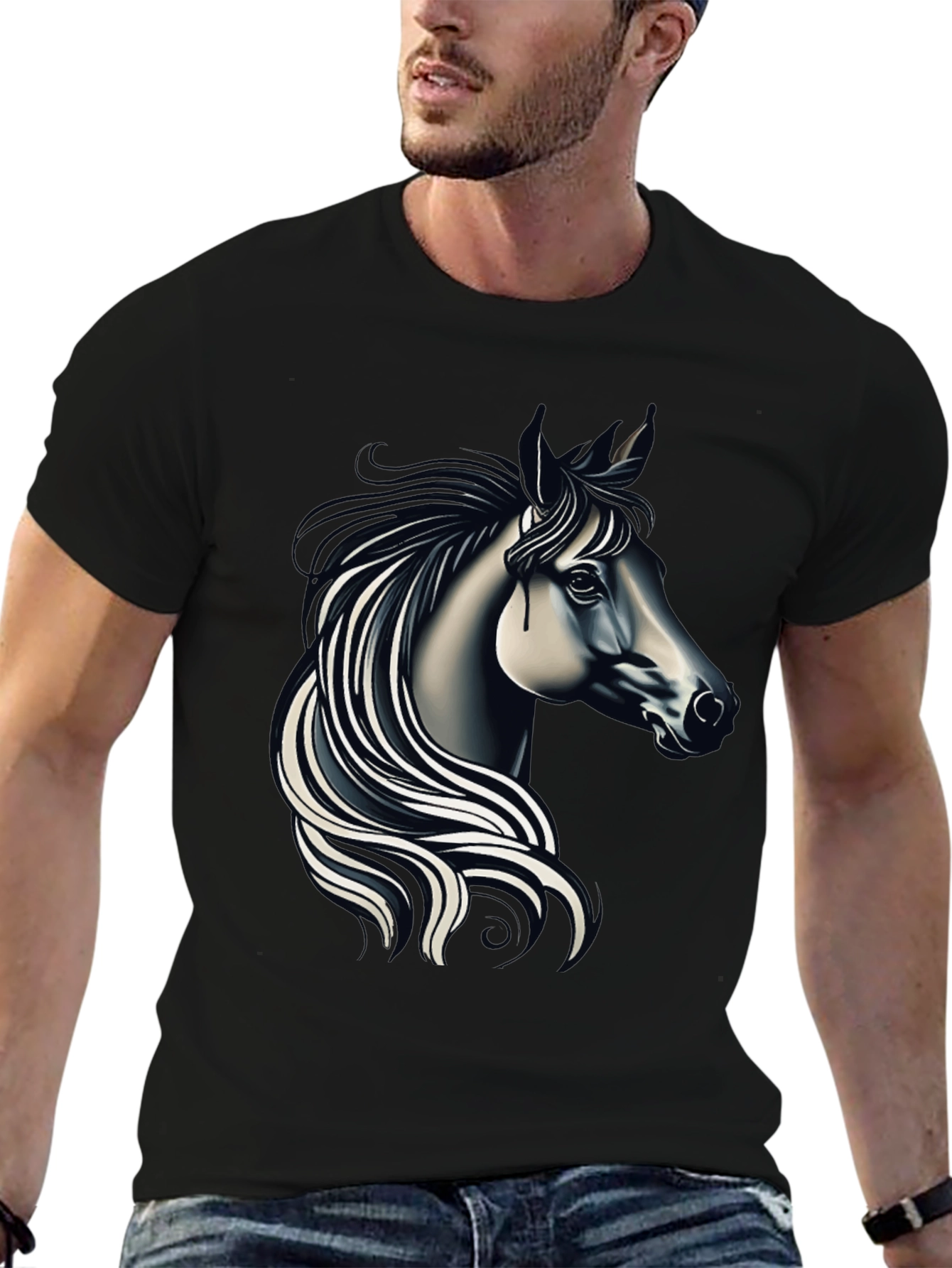 Black T-shirt with Elegant Horse Design