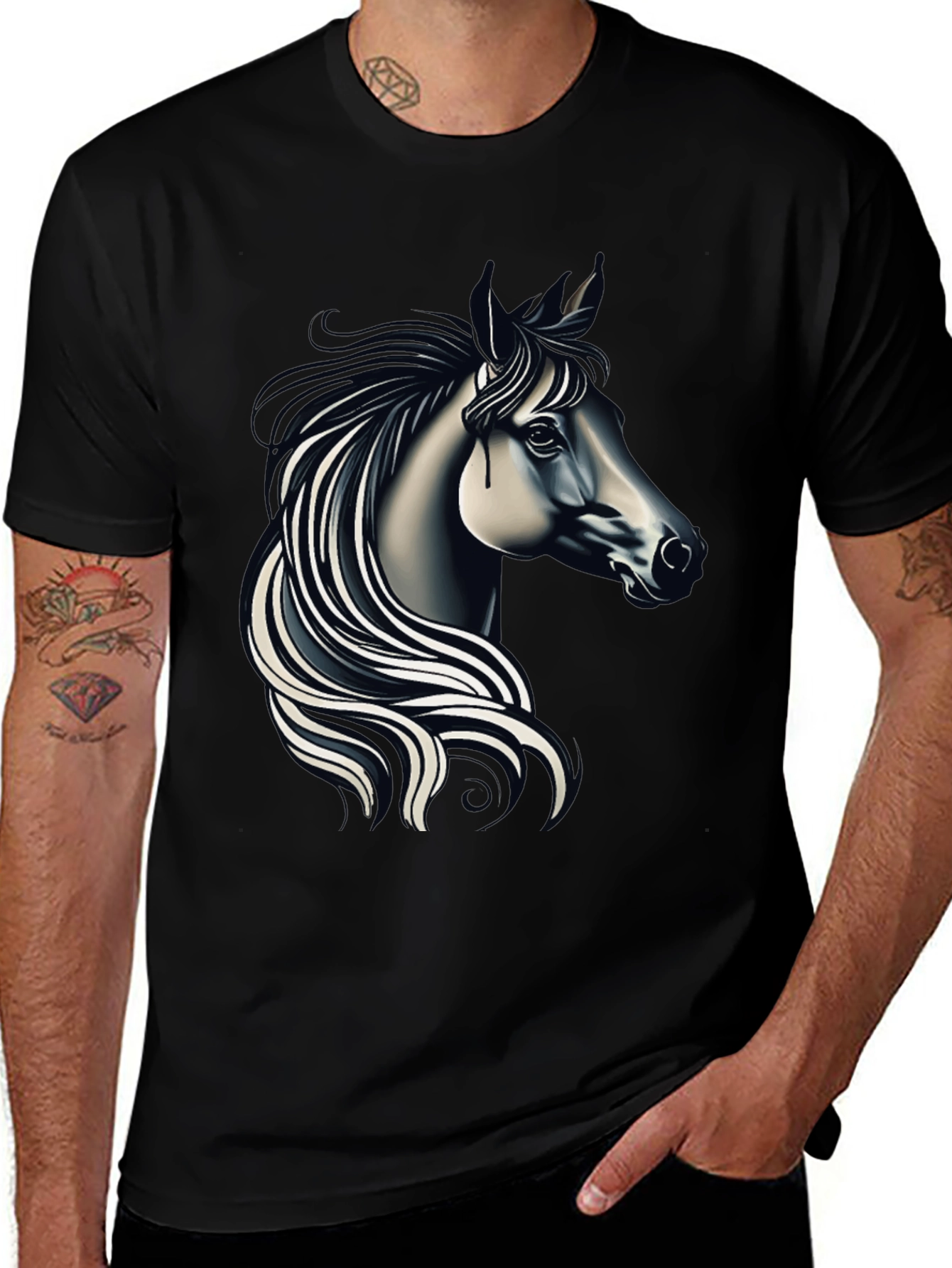 Black T-shirt with Elegant Horse Design