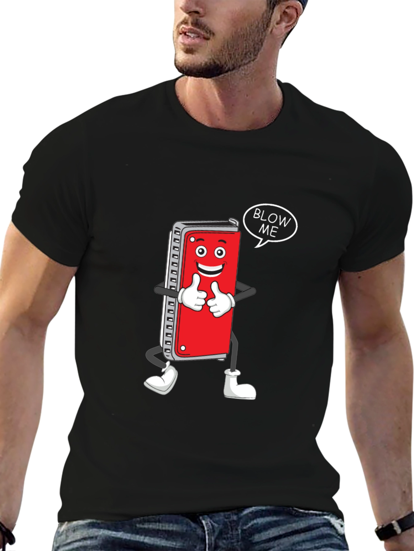 Harmonica Cartoon Graphic T-Shirt - Blow Me!