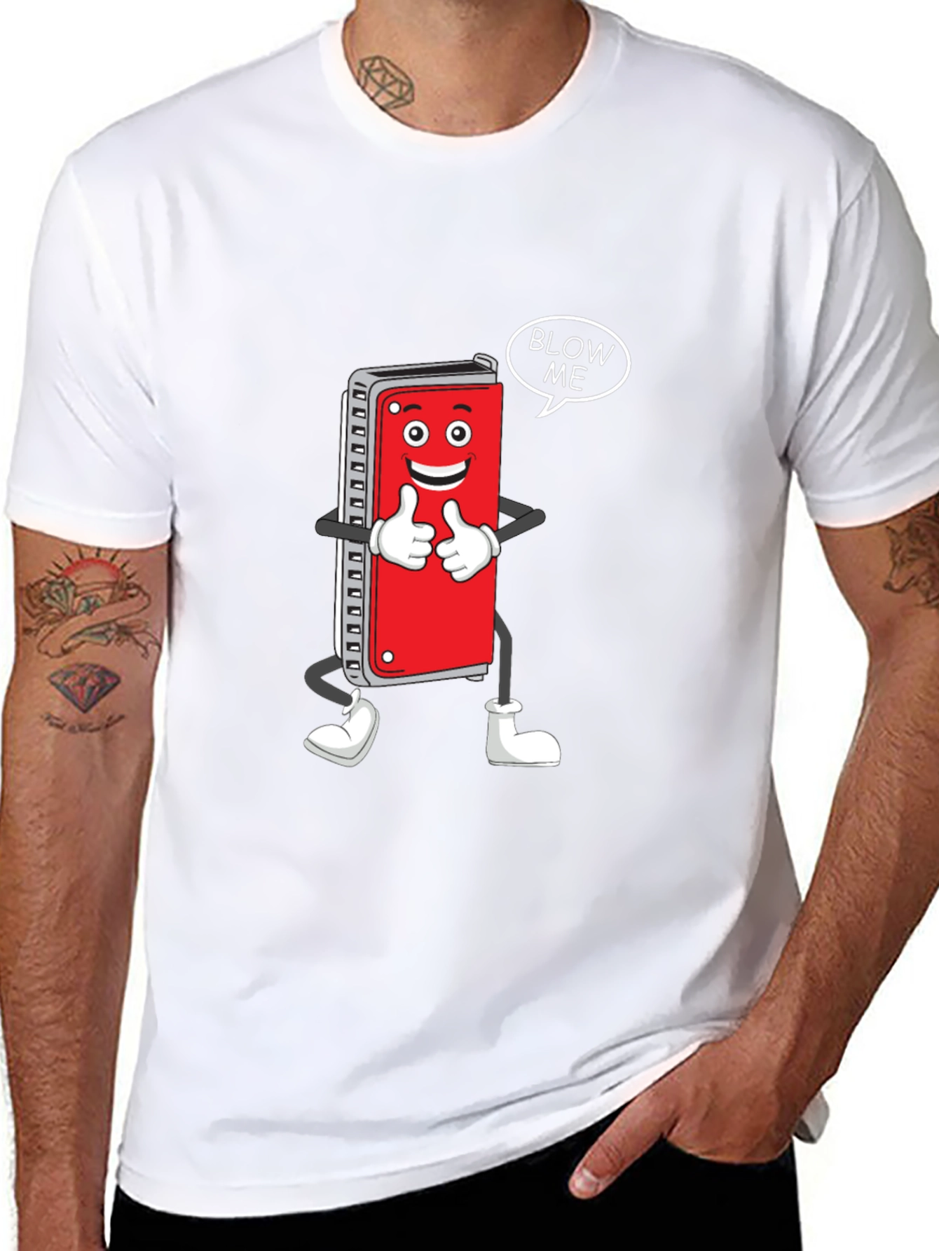 Harmonica Cartoon Graphic T-Shirt - Blow Me!