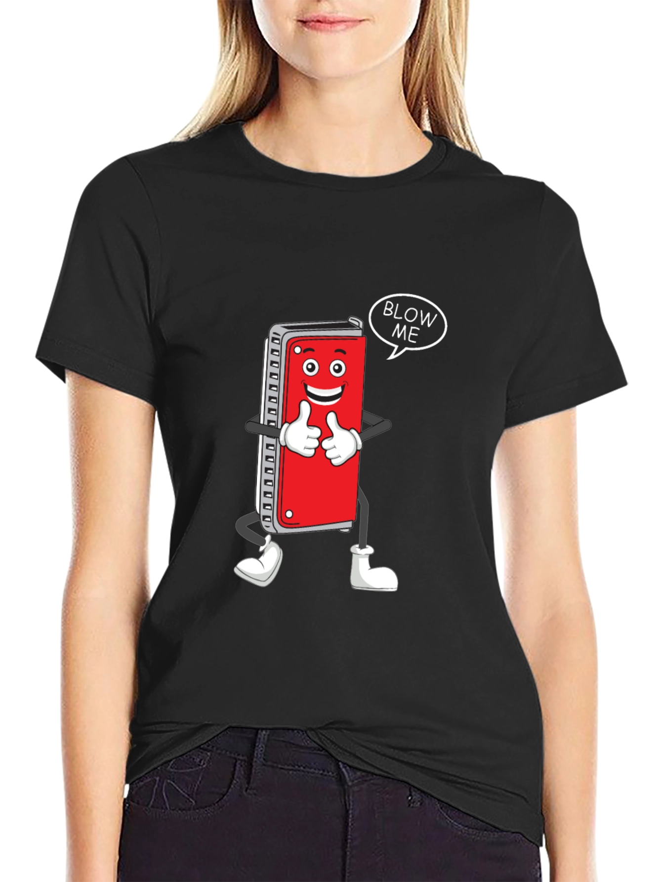 Harmonica Cartoon Graphic T-Shirt - Blow Me!