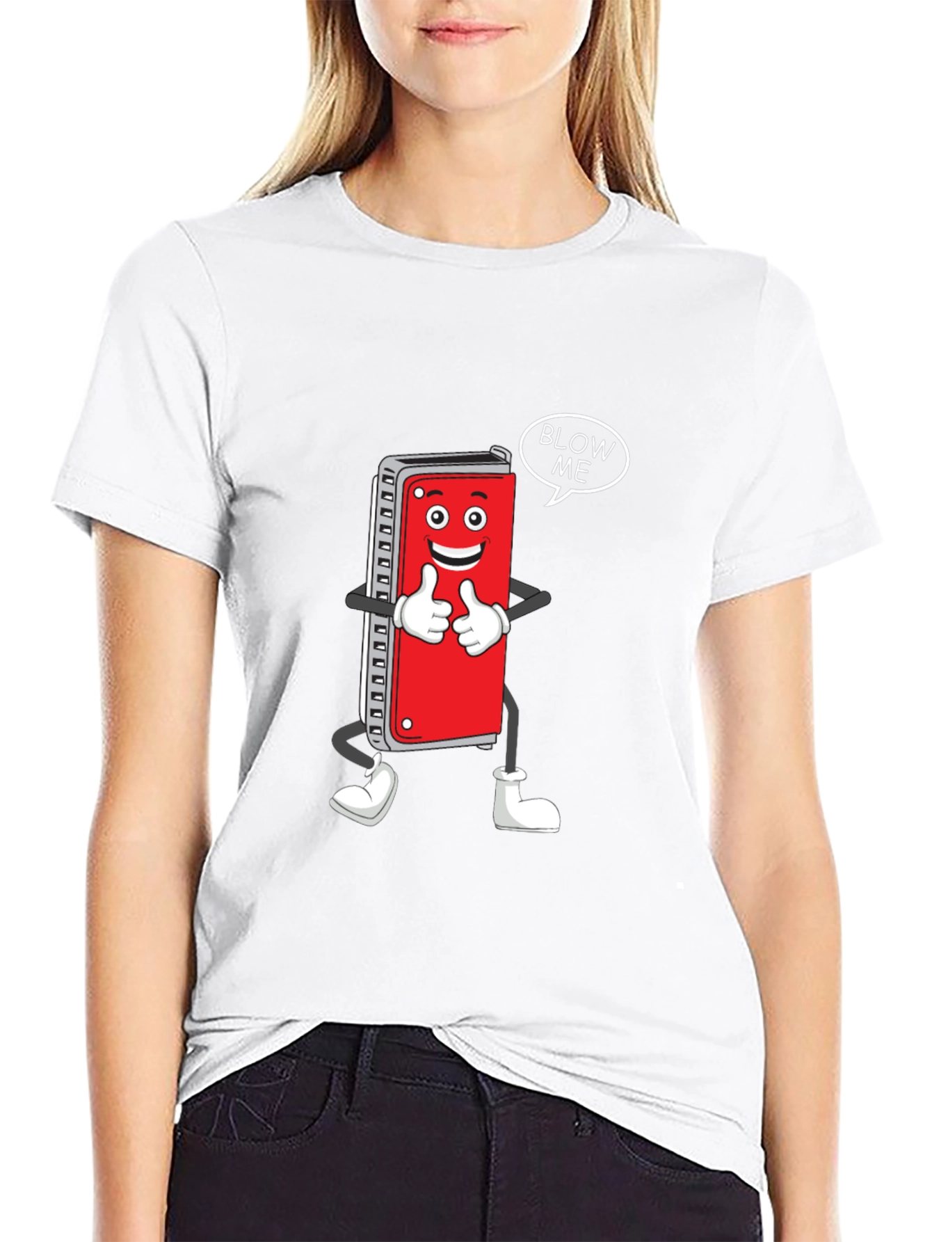 Harmonica Cartoon Graphic T-Shirt - Blow Me!