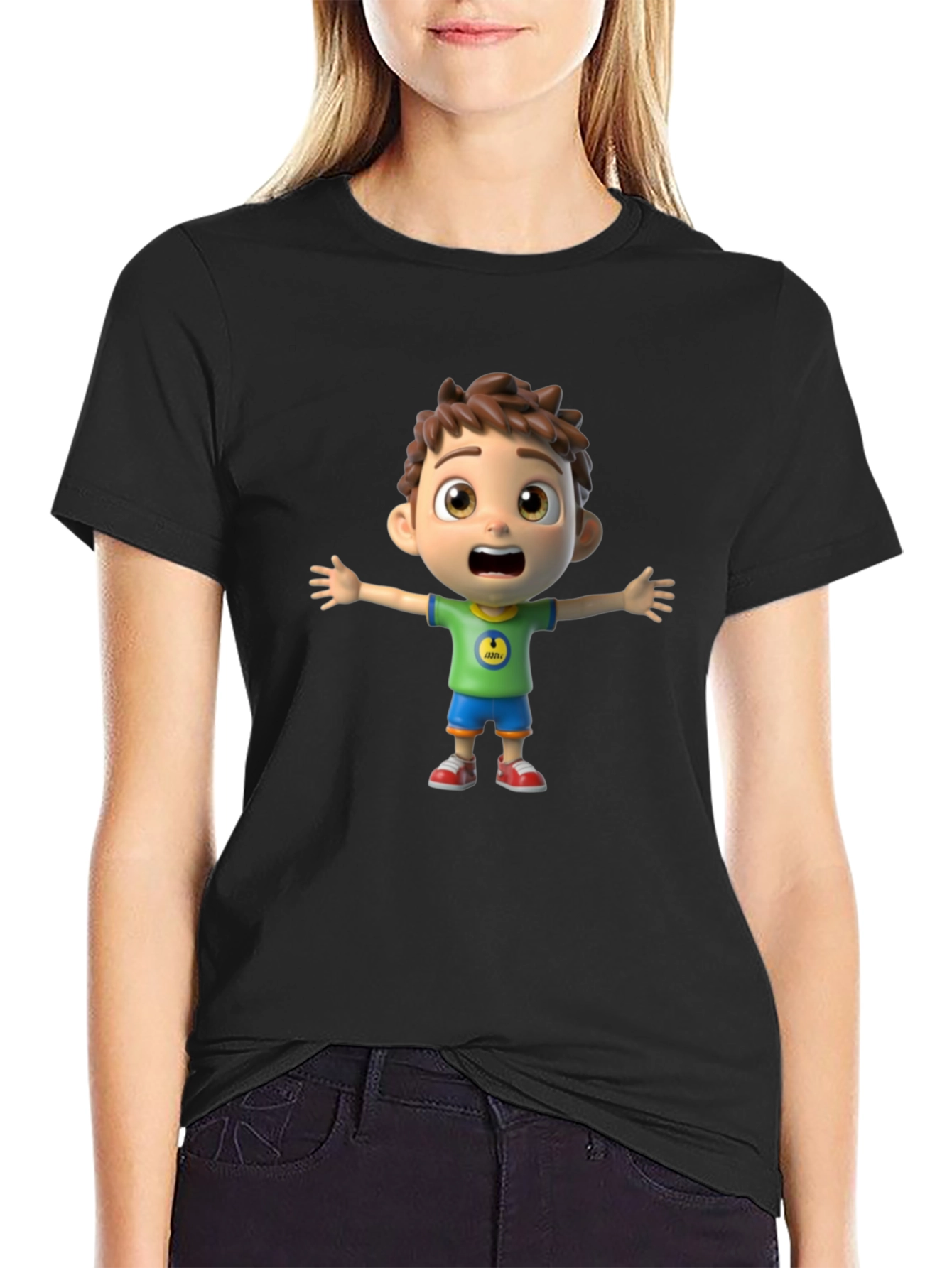 Cartoon Boy Graphic Black T-Shirt