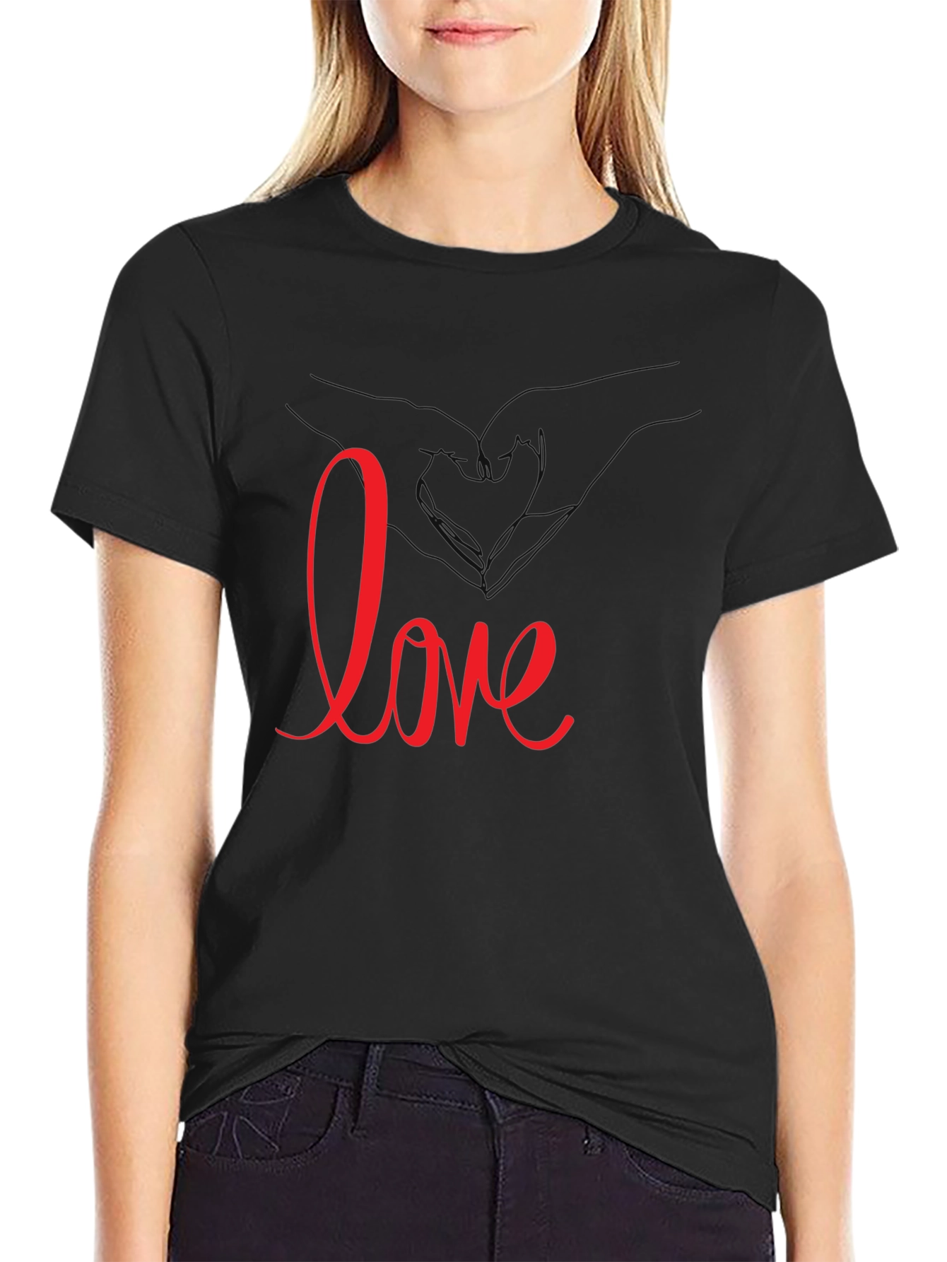 Love Heart Hands Graphic Tee - Black Casual T-Shirt